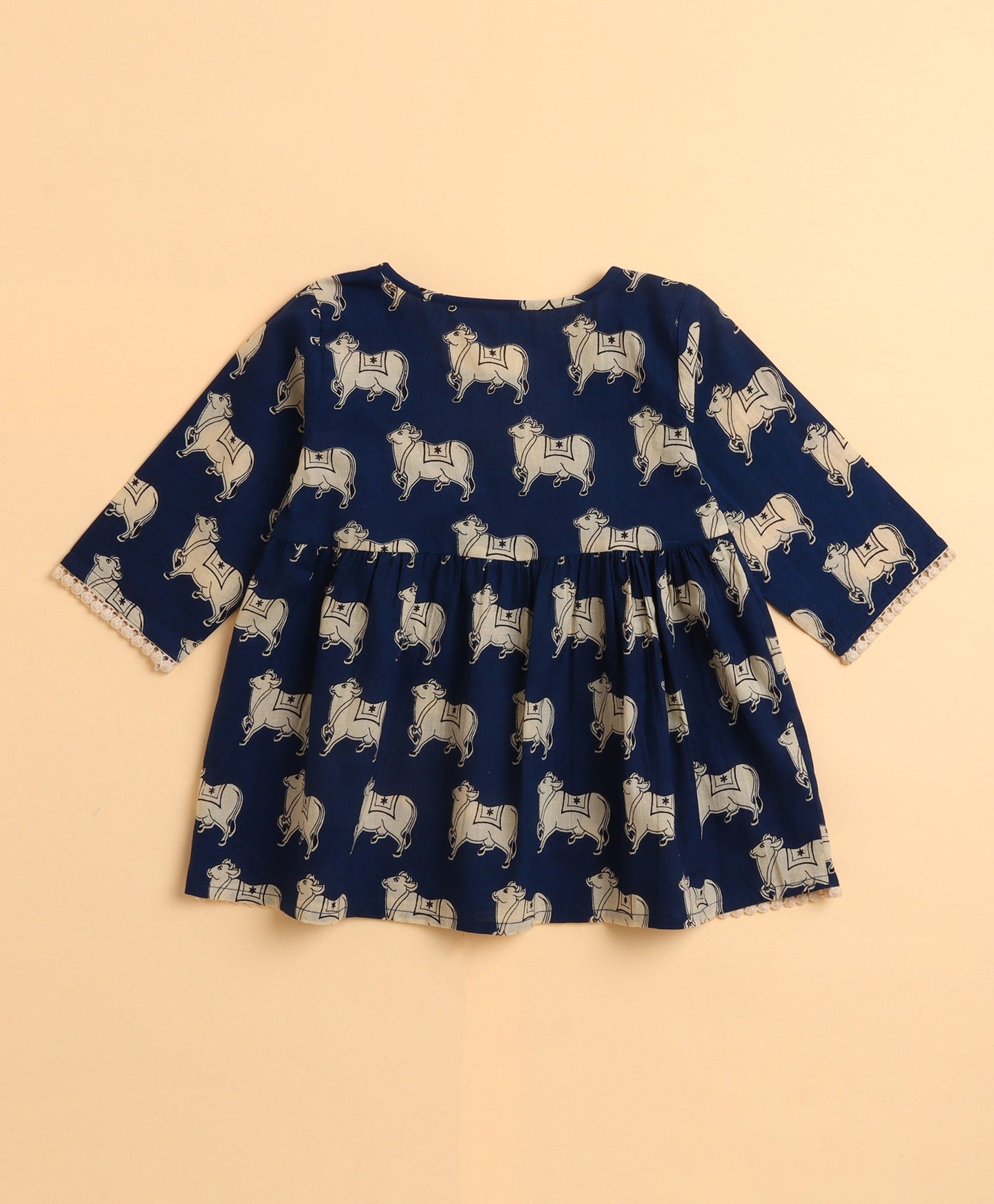 The Magic Wand Cambric Cotton Three Fourth Sleeves Cow Printed Kurta and Bottom Set- Navy Blue