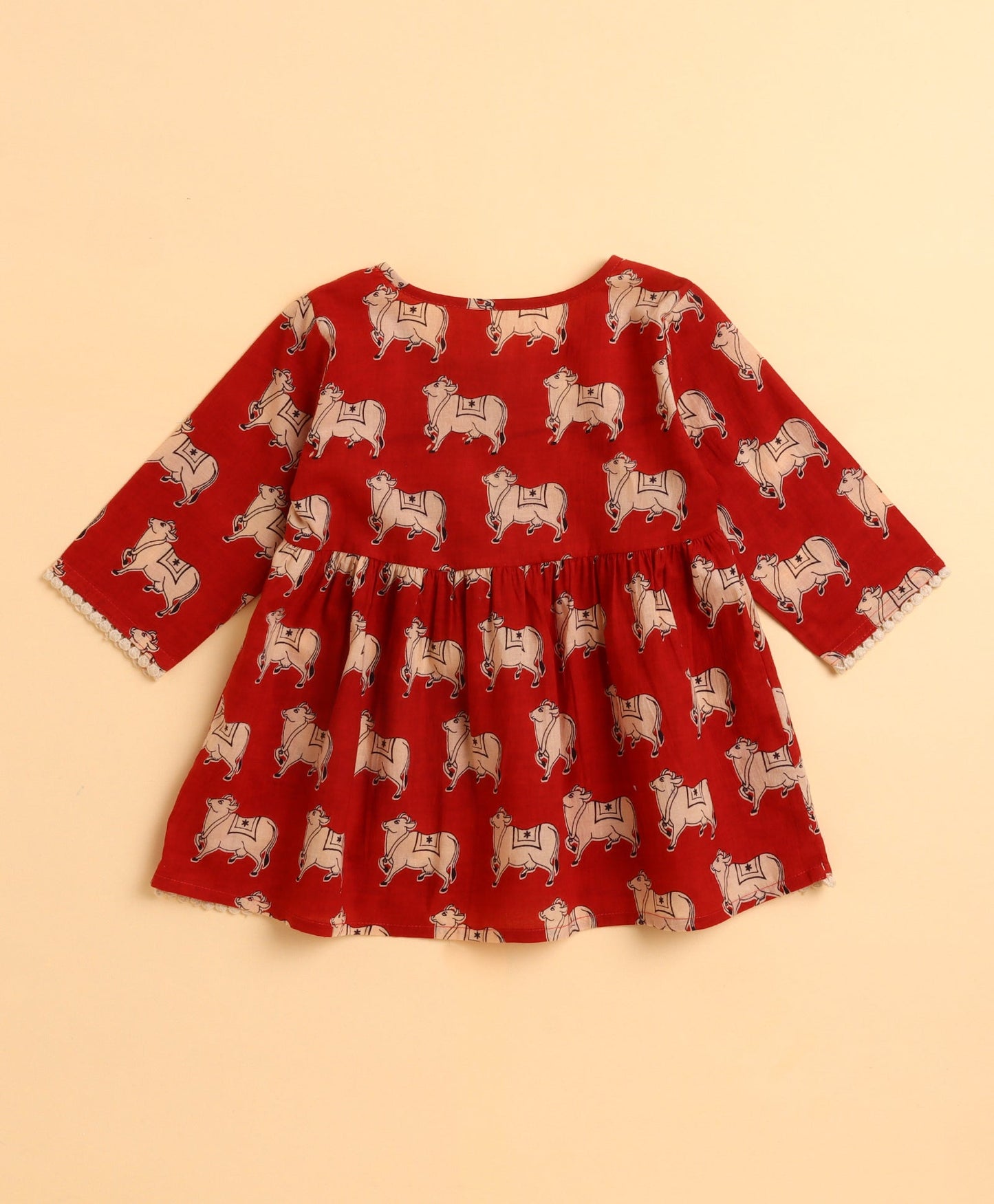 The Magic Wand Cambric Cotton Three Fourth Sleeves Cow Printed Kurta and Bottom Set- Red