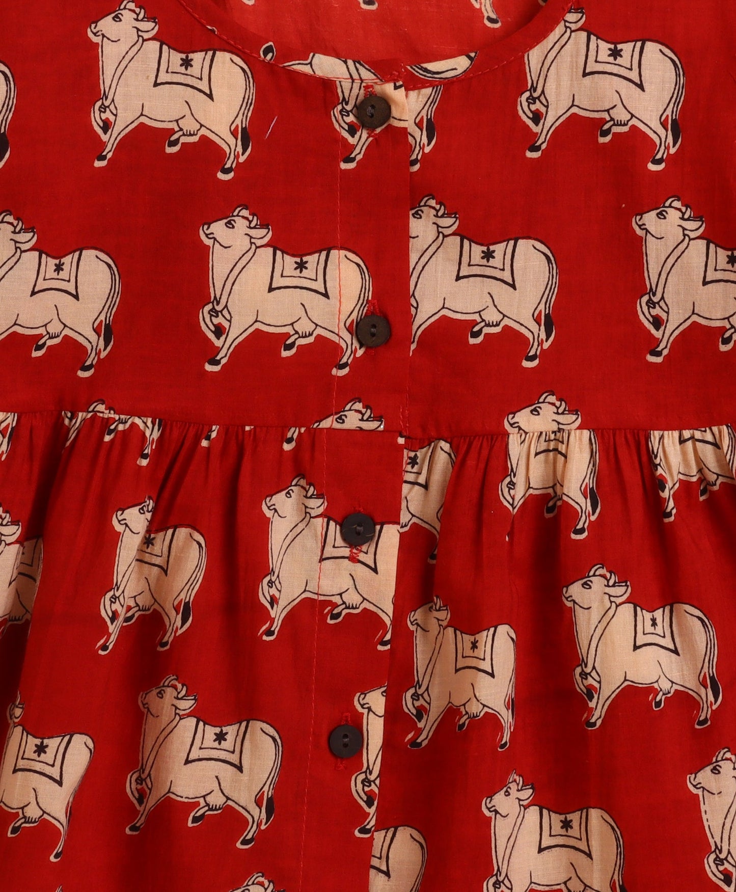 The Magic Wand Cambric Cotton Three Fourth Sleeves Cow Printed Kurta and Bottom Set- Red