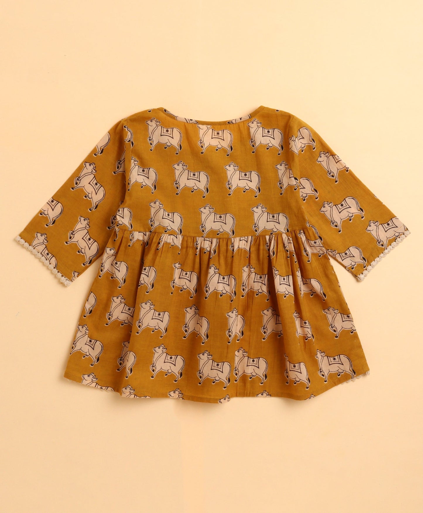 The Magic Wand Cambric Cotton Three Fourth Sleeves Cow Printed Kurta and Bottom Set- Mustard