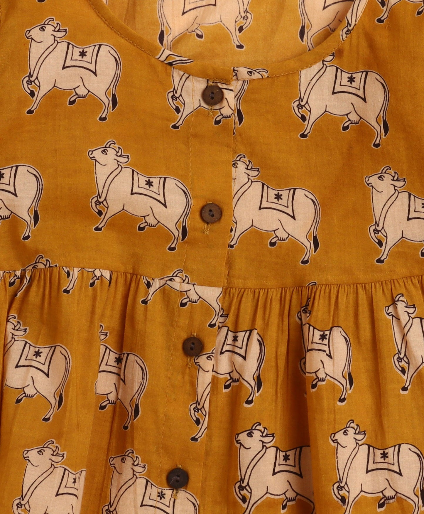 The Magic Wand Cambric Cotton Three Fourth Sleeves Cow Printed Kurta and Bottom Set- Mustard