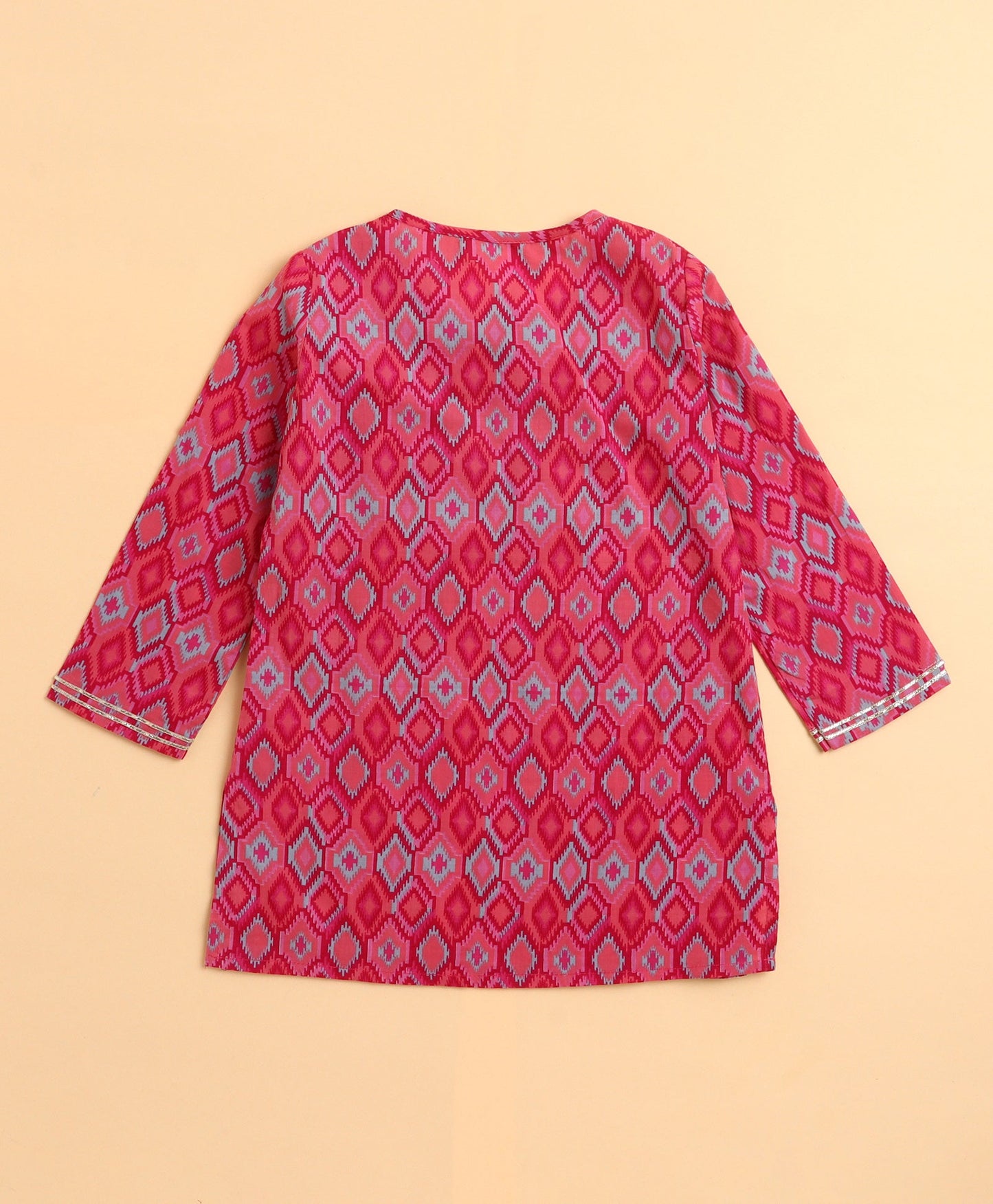 The Magic Wand Cambric Cotton Shoulder Three Fourth Sleeves Ikat Printed Kurta Sharara Set- Fuchsia