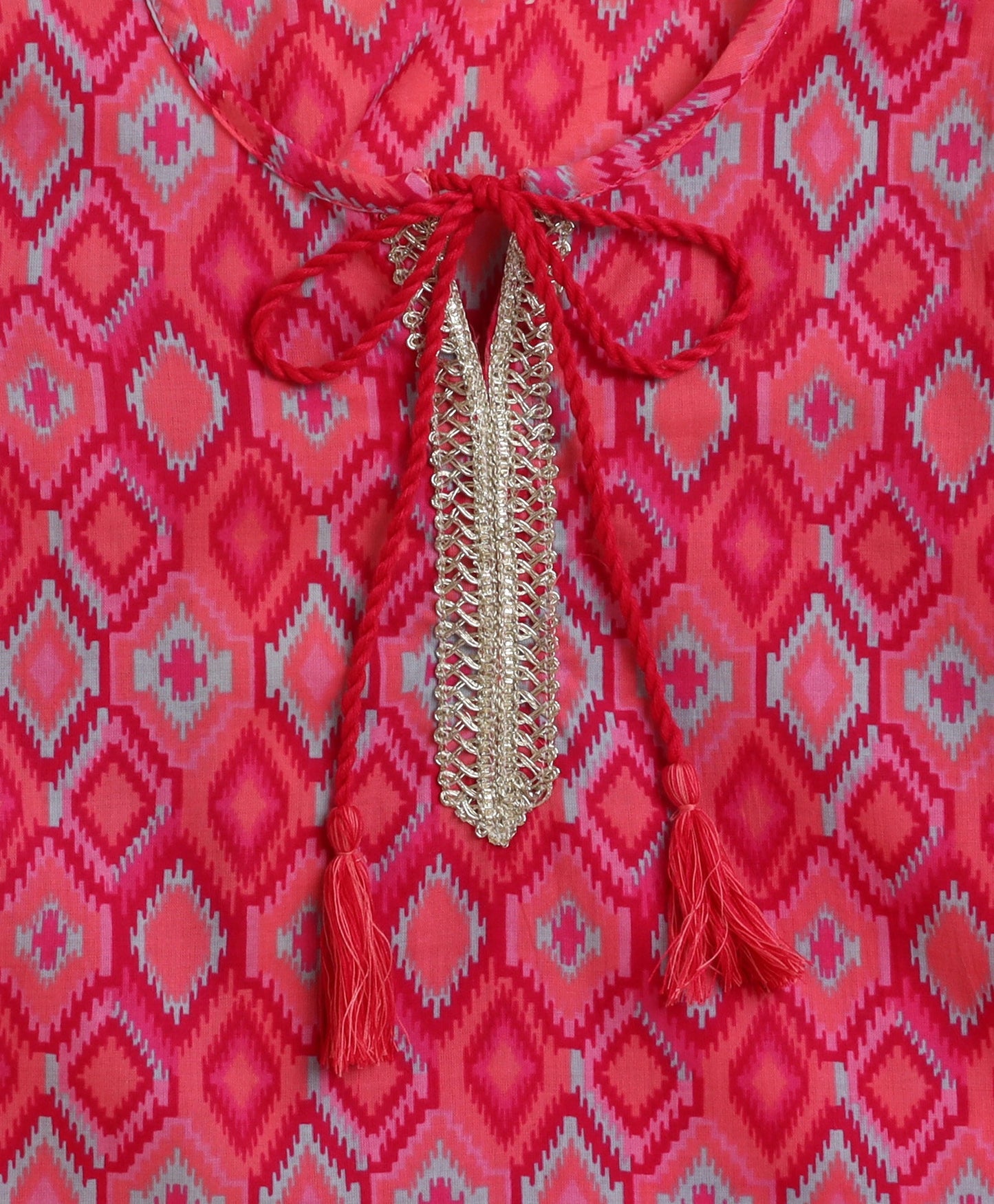 The Magic Wand Cambric Cotton Shoulder Three Fourth Sleeves Ikat Printed Kurta Sharara Set- Fuchsia