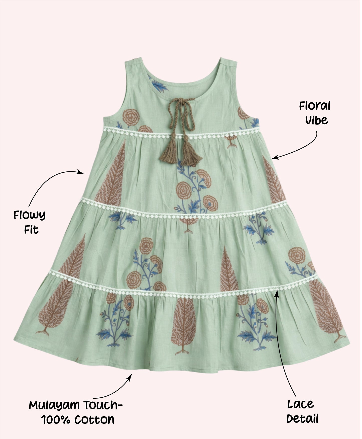 The Magic Wand Cotton Woven Sleeveless Floral Printed Tiered A-Line Dress - Green