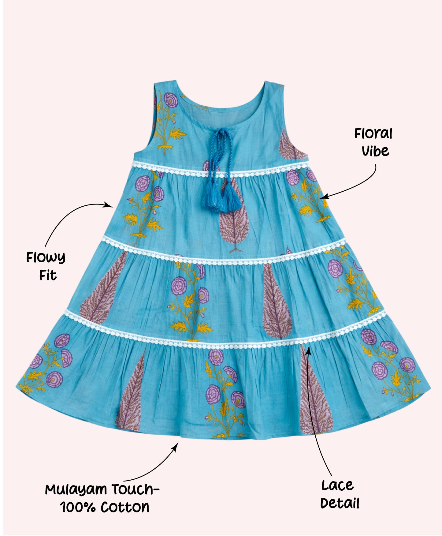 The Magic Wand Cotton Woven Sleeveless Floral Printed Tiered A-Line Dress - Blue
