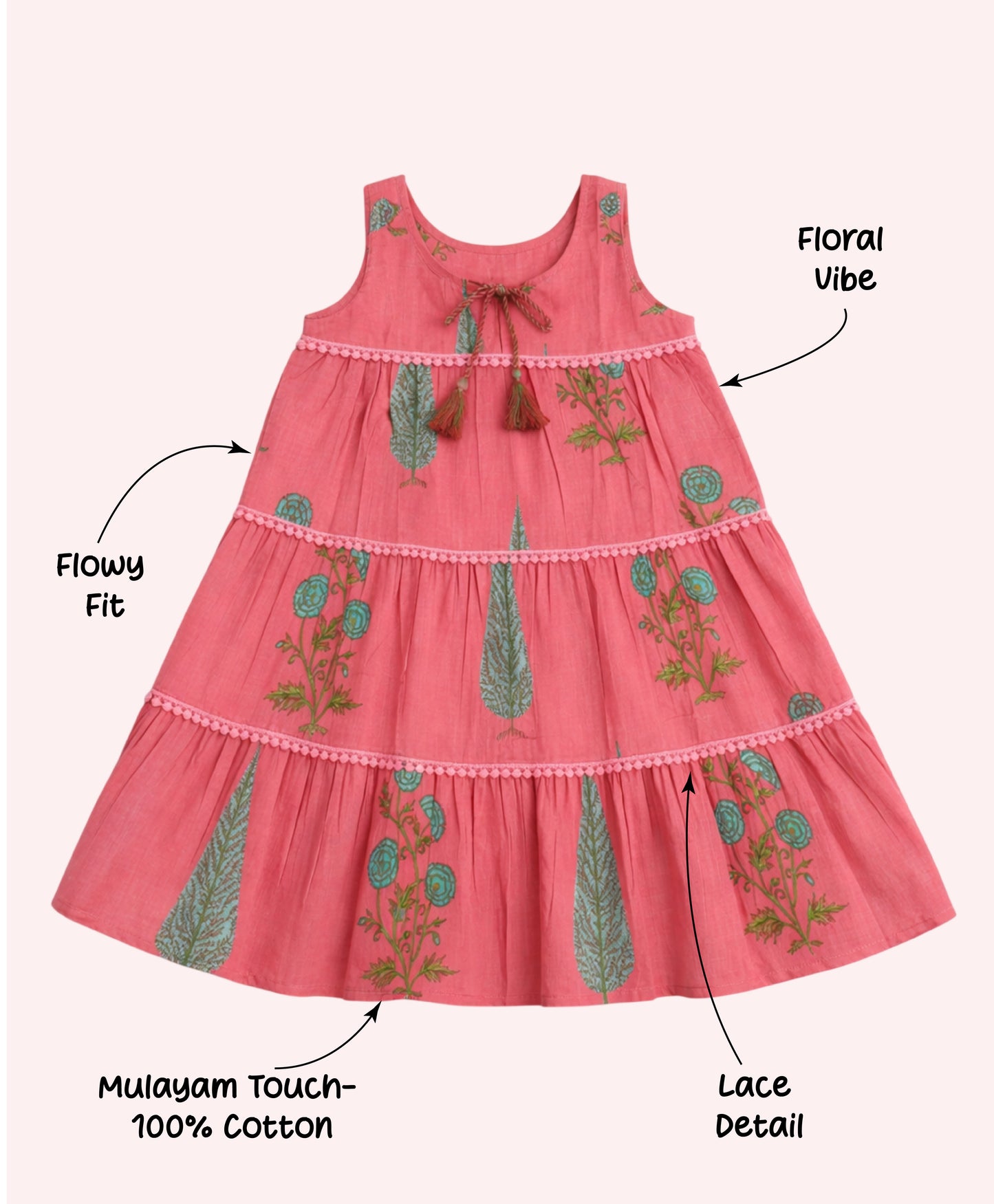 The Magic Wand Cotton Woven Sleeveless Floral Printed Tiered A-Line Dress - Coral