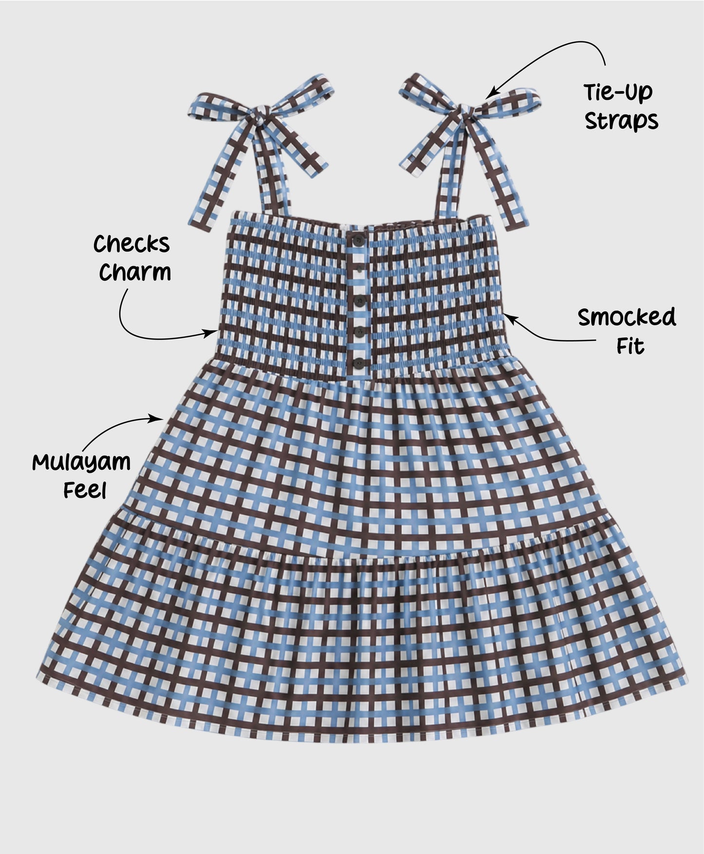 The Magic Wand Woven Tie-Up Straps Checkered Printed Smocking Gathered Dress - Blue
