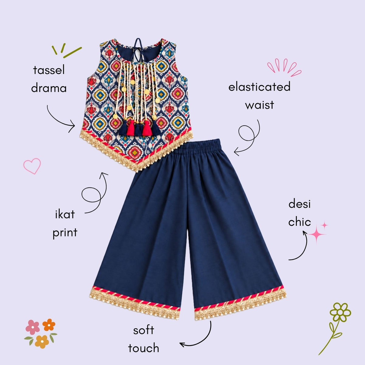 The Magic Wand Woven Sleeveless Ikat Printed Statement Tassel Detailed And Laced Top And Top Set - Navy Blue