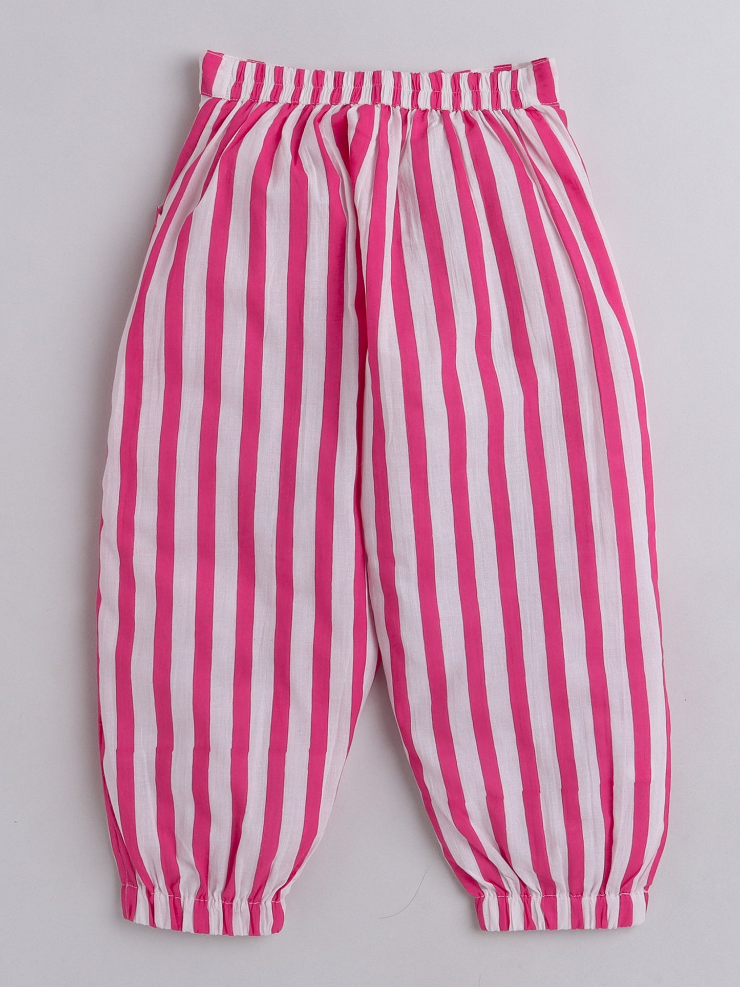 Hand Block Printed Cotton Half Sleeves Tie up Shirt and Striped Harem Pant Set For Girls Fuchsia