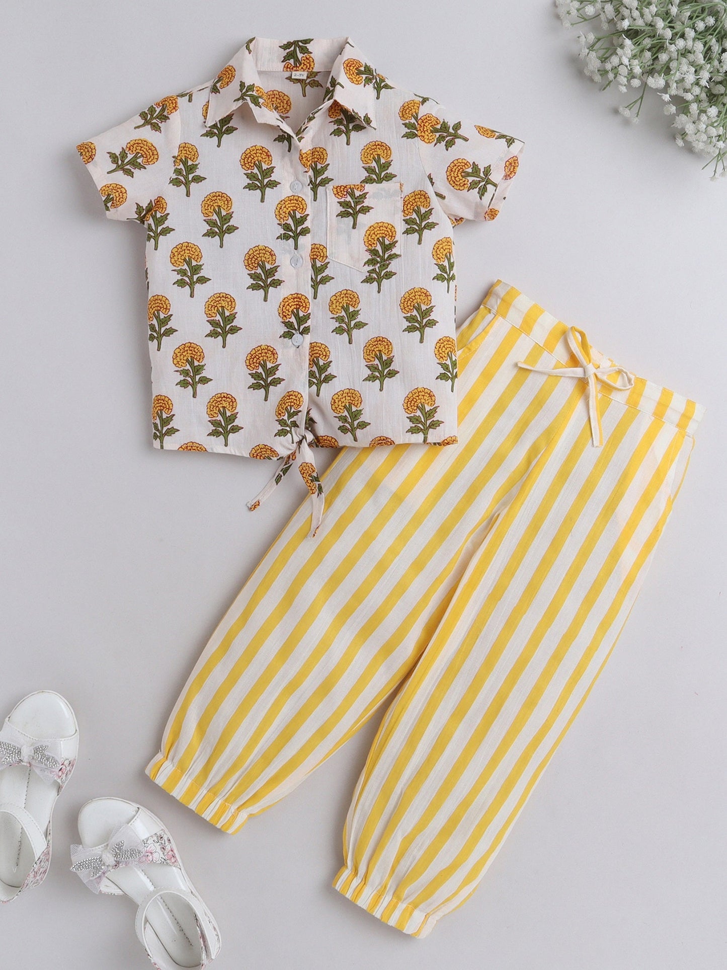 The Magic Wand Hand Block Printed Cotton Half Sleeves Tie up Shirt and Striped Harem Pant Set For Girls Yellow