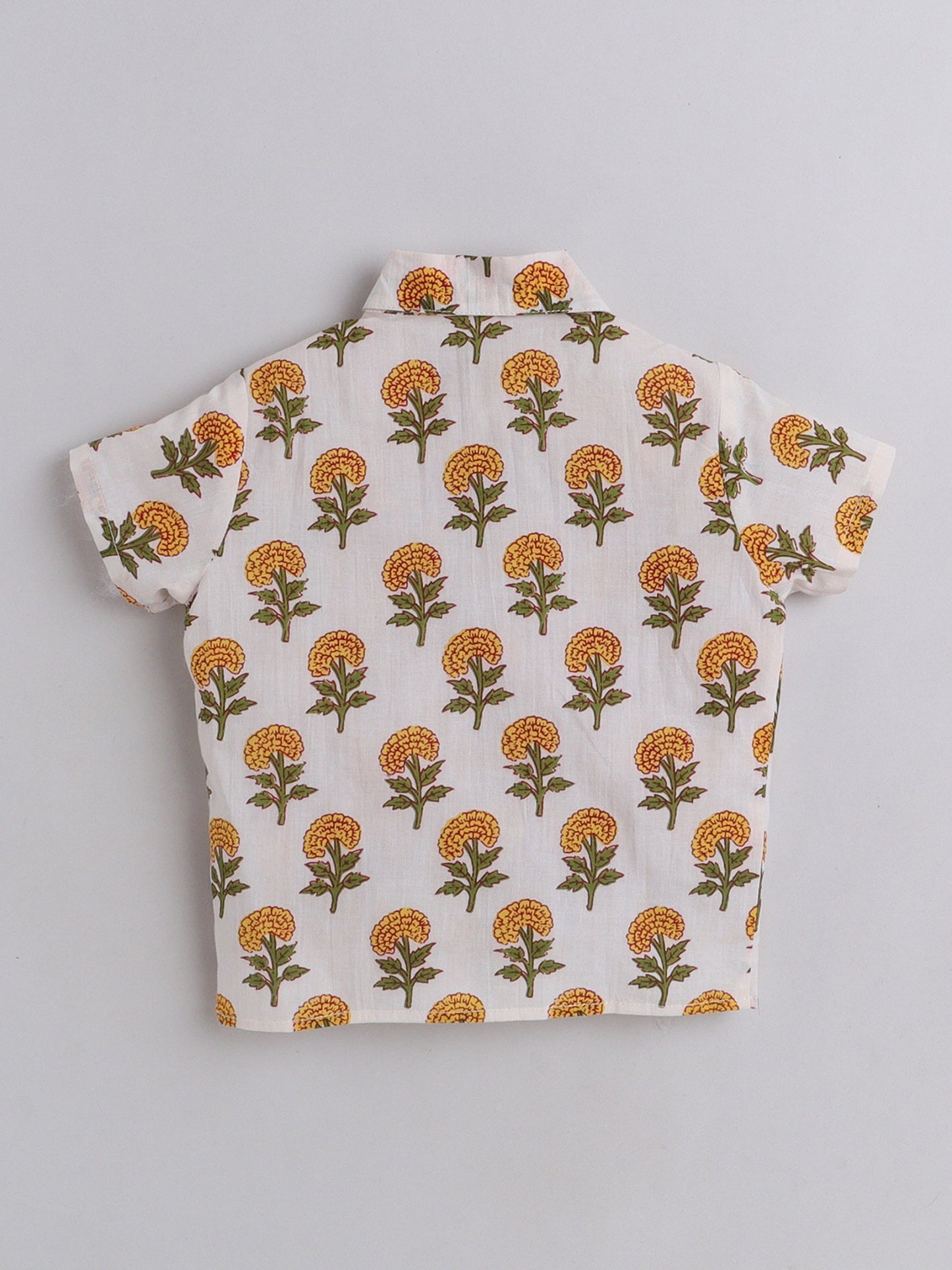 The Magic Wand Hand Block Printed Cotton Half Sleeves Tie up Shirt and Striped Harem Pant Set For Girls Yellow