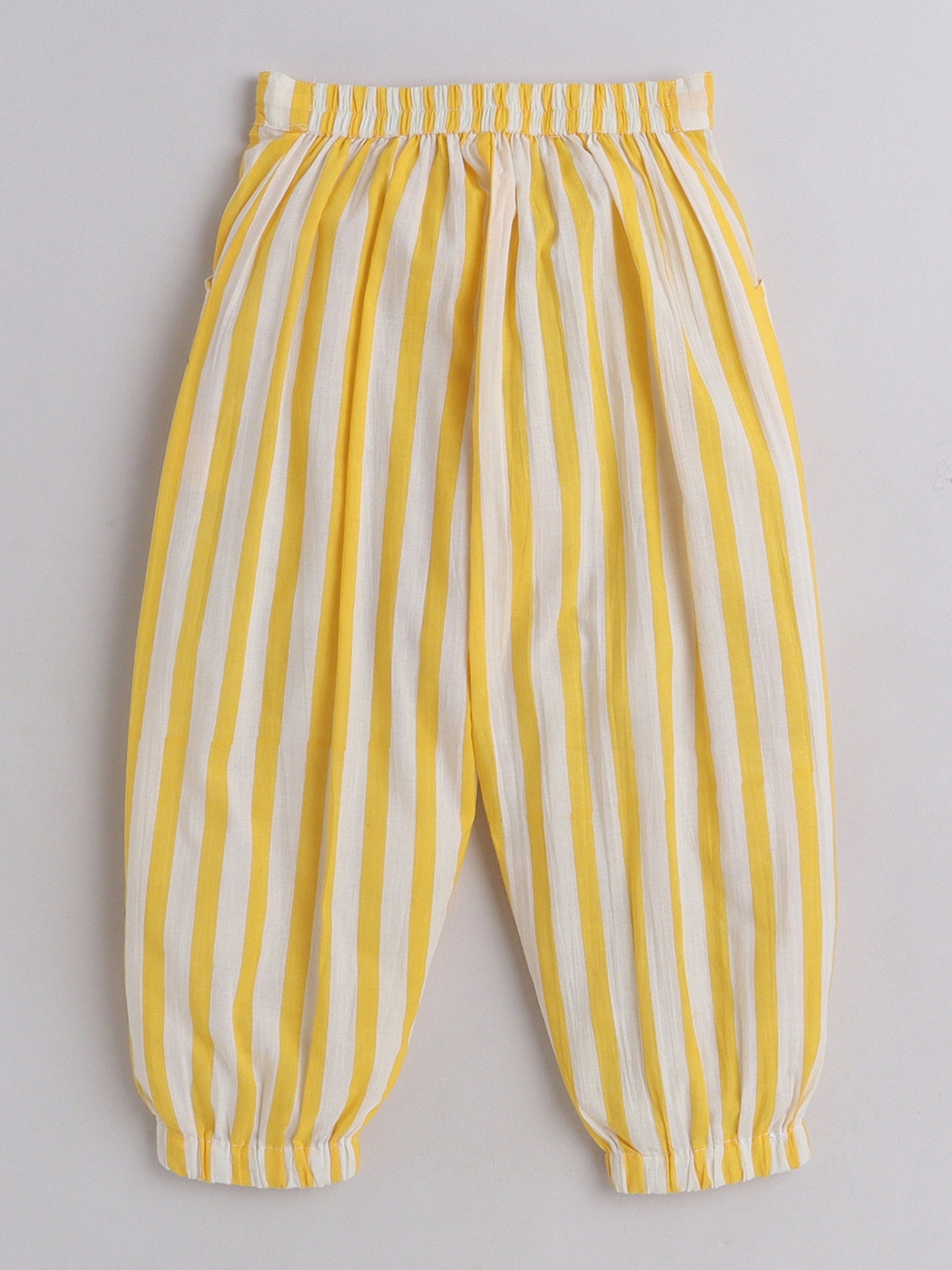 The Magic Wand Hand Block Printed Cotton Half Sleeves Tie up Shirt and Striped Harem Pant Set For Girls Yellow