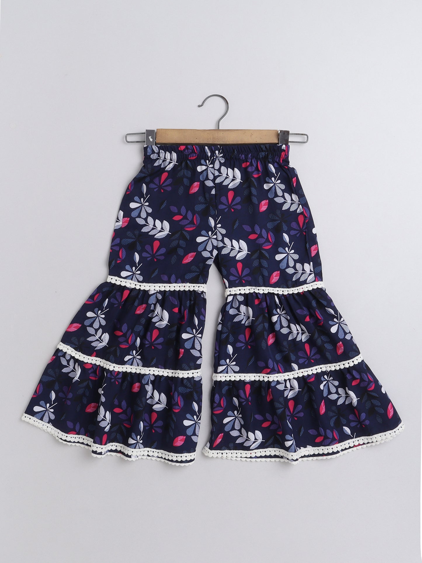 Indo Western Lace Embelished Floral Printed Sleeveless Contrast Buttons Kurta and Sharara Set-Navy Blue