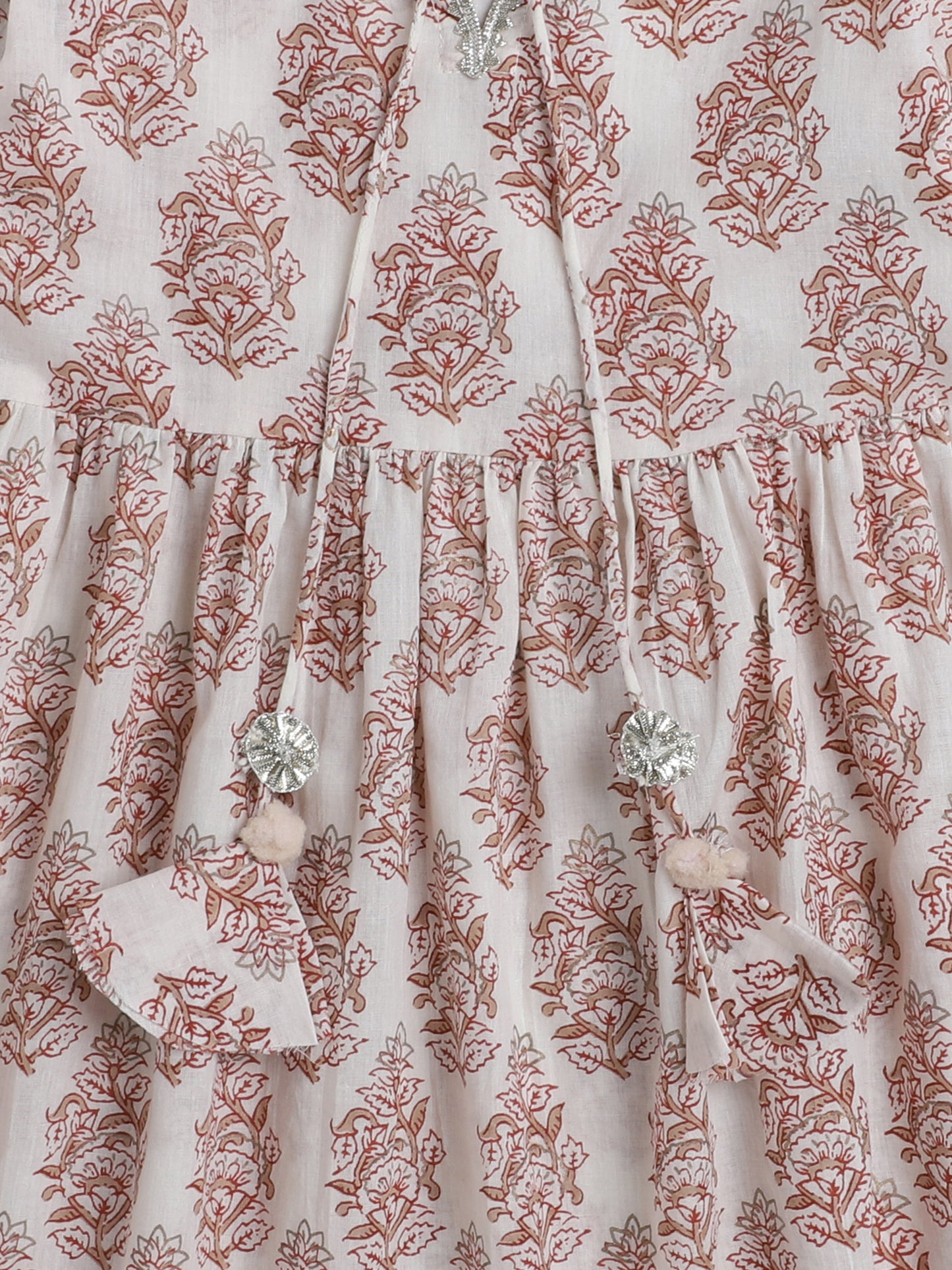 Tassel Laced Floral Printed 3/4Th Sleeves Kurta With Pants-Off White