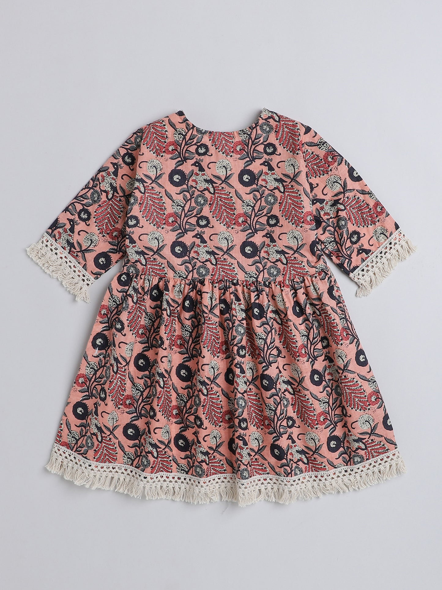 Tassel Laced Floral Printed 3/4Th Sleeves Kurta With Pants-Peach