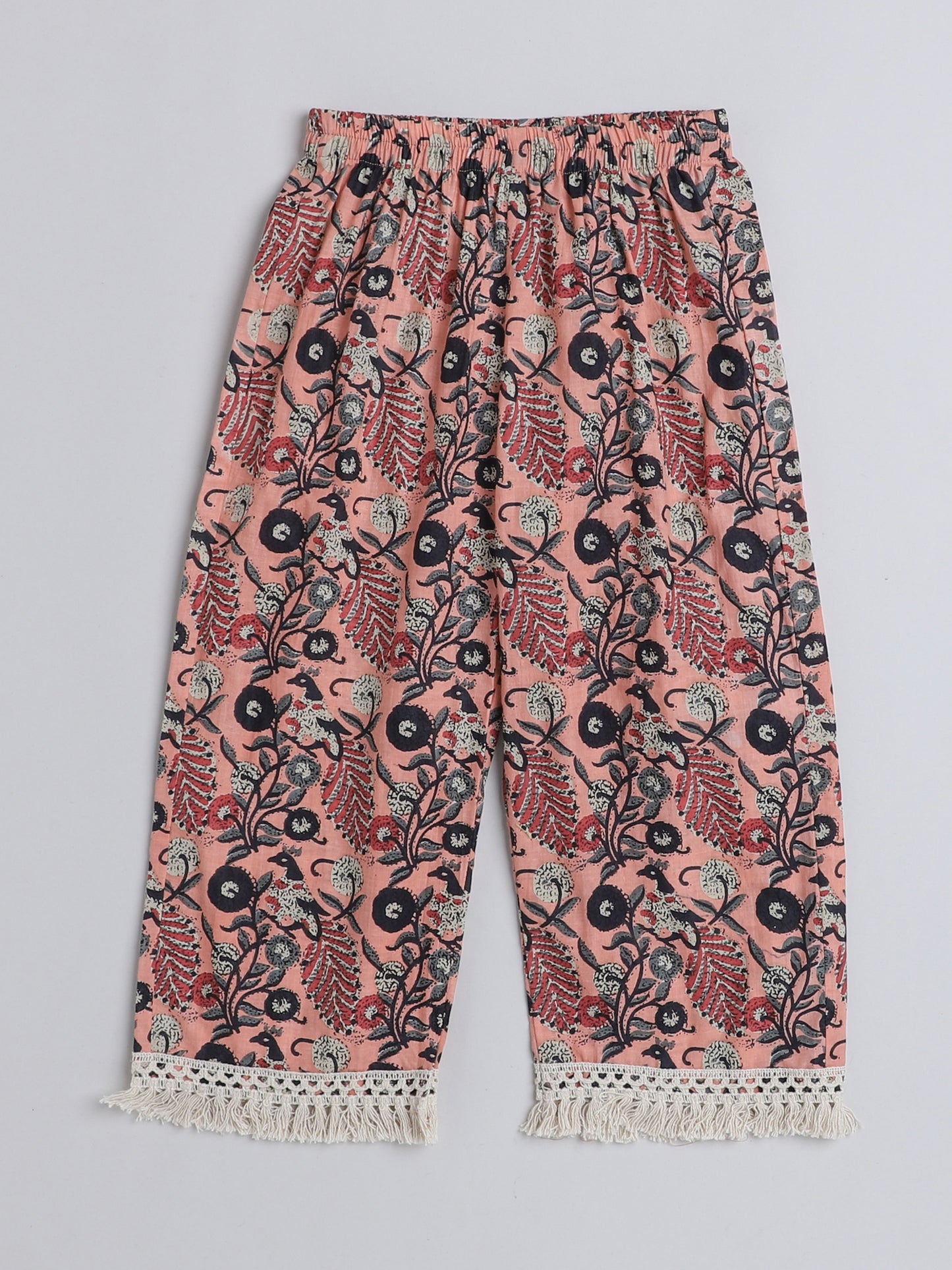 Tassel Laced Floral Printed 3/4Th Sleeves Kurta With Pants-Peach