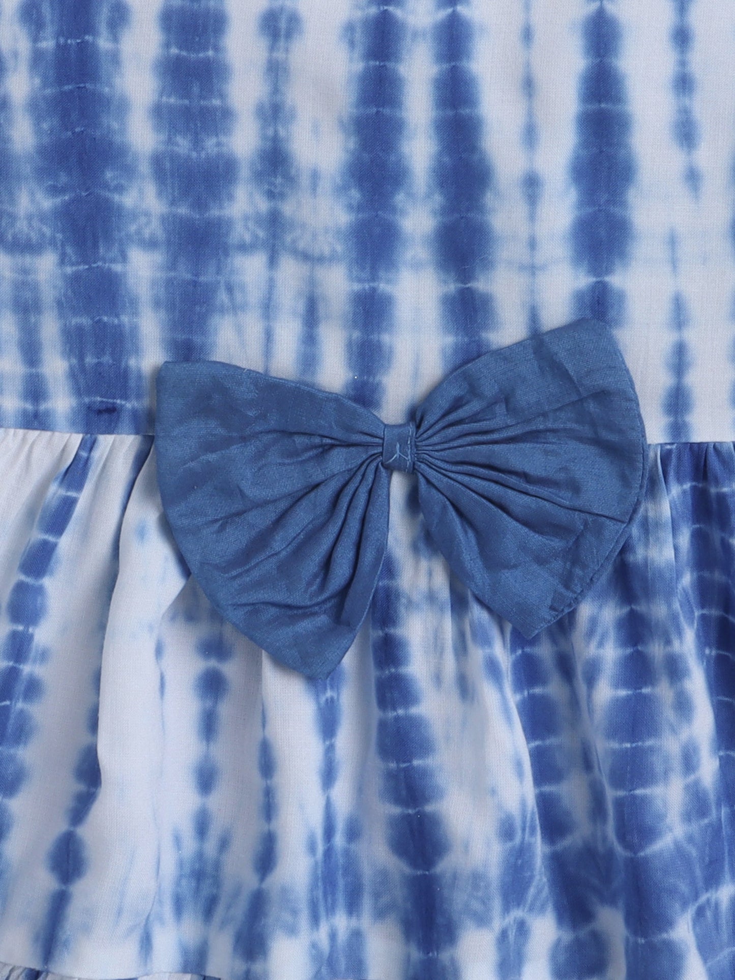 The Magic Wand Attractive Tie & Dye Comfortable Tiered Dress For Girls With Bow Blue