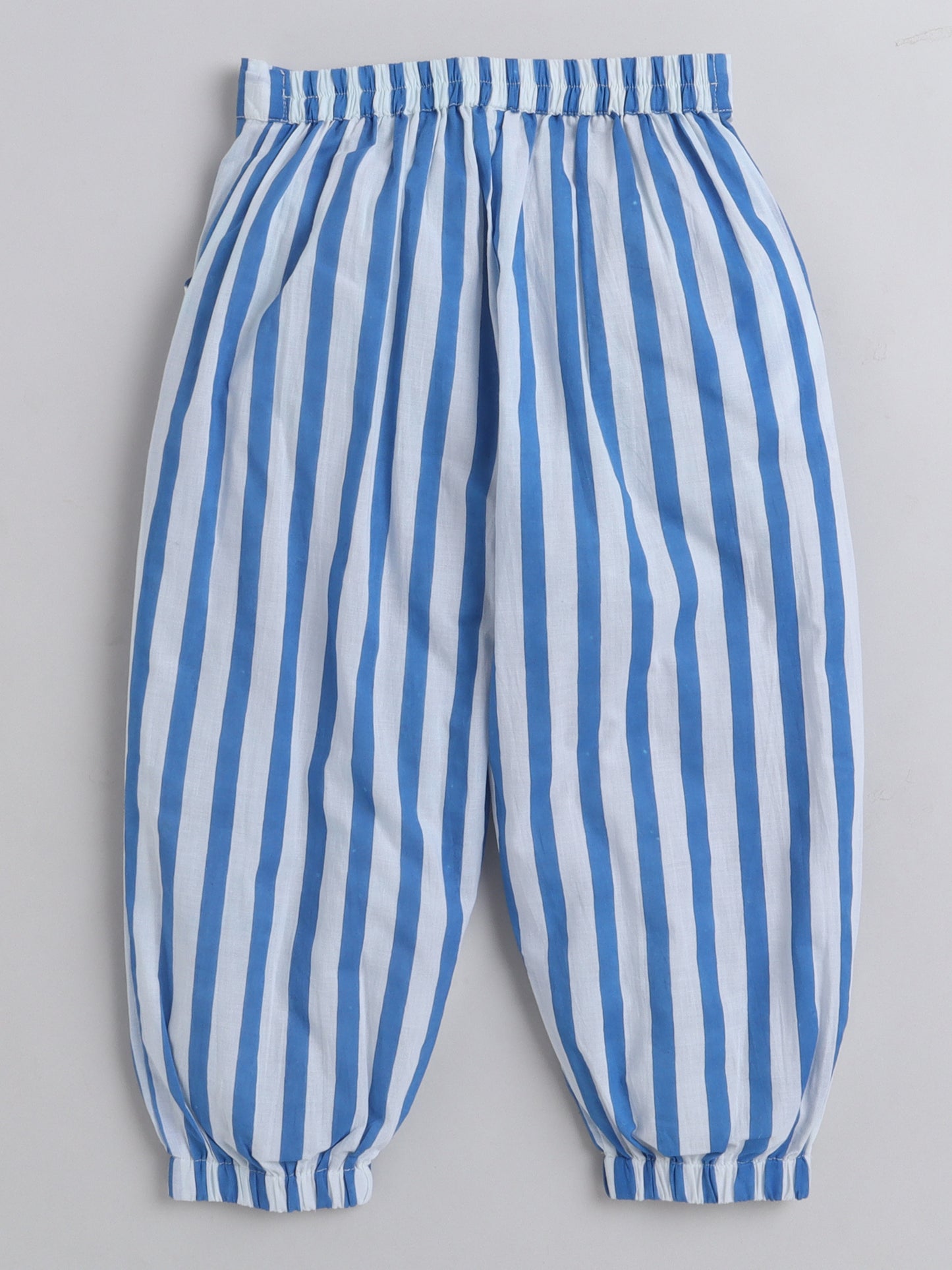 Hand Block Printed Cotton Short Sleeves Tie up Shirt and Striped Harem Pant Set For Girls Red