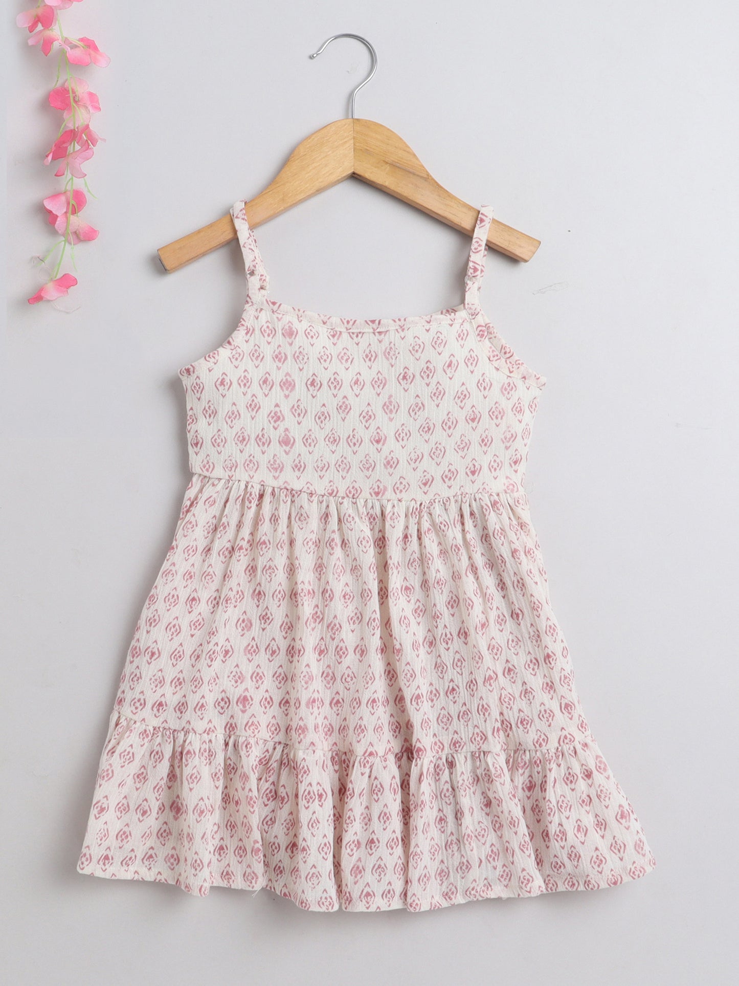 Block printed Singlet Neck sustainable Cotton Dress for Girls - Off White