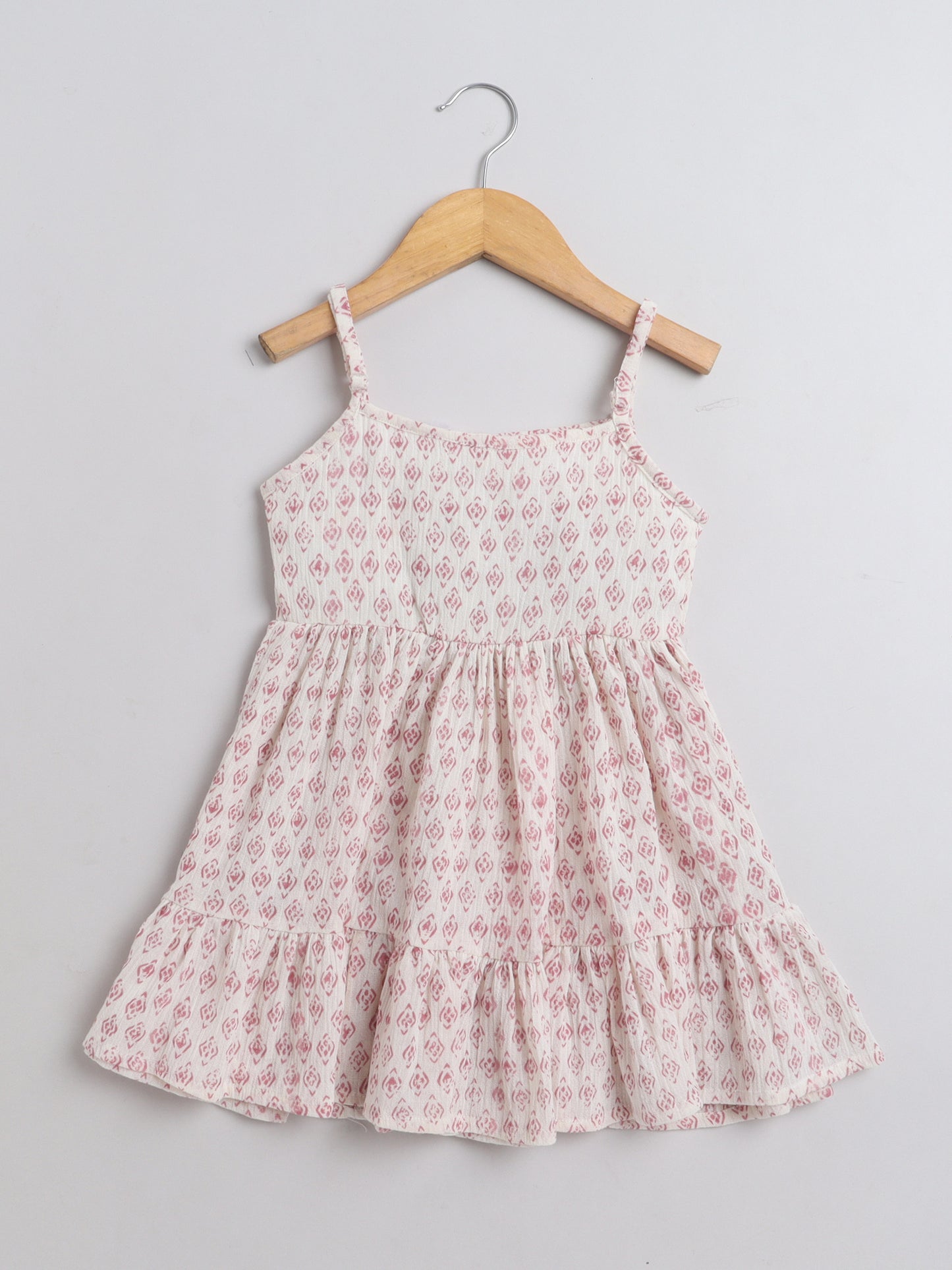 Block printed Singlet Neck sustainable Cotton Dress for Girls - Off White