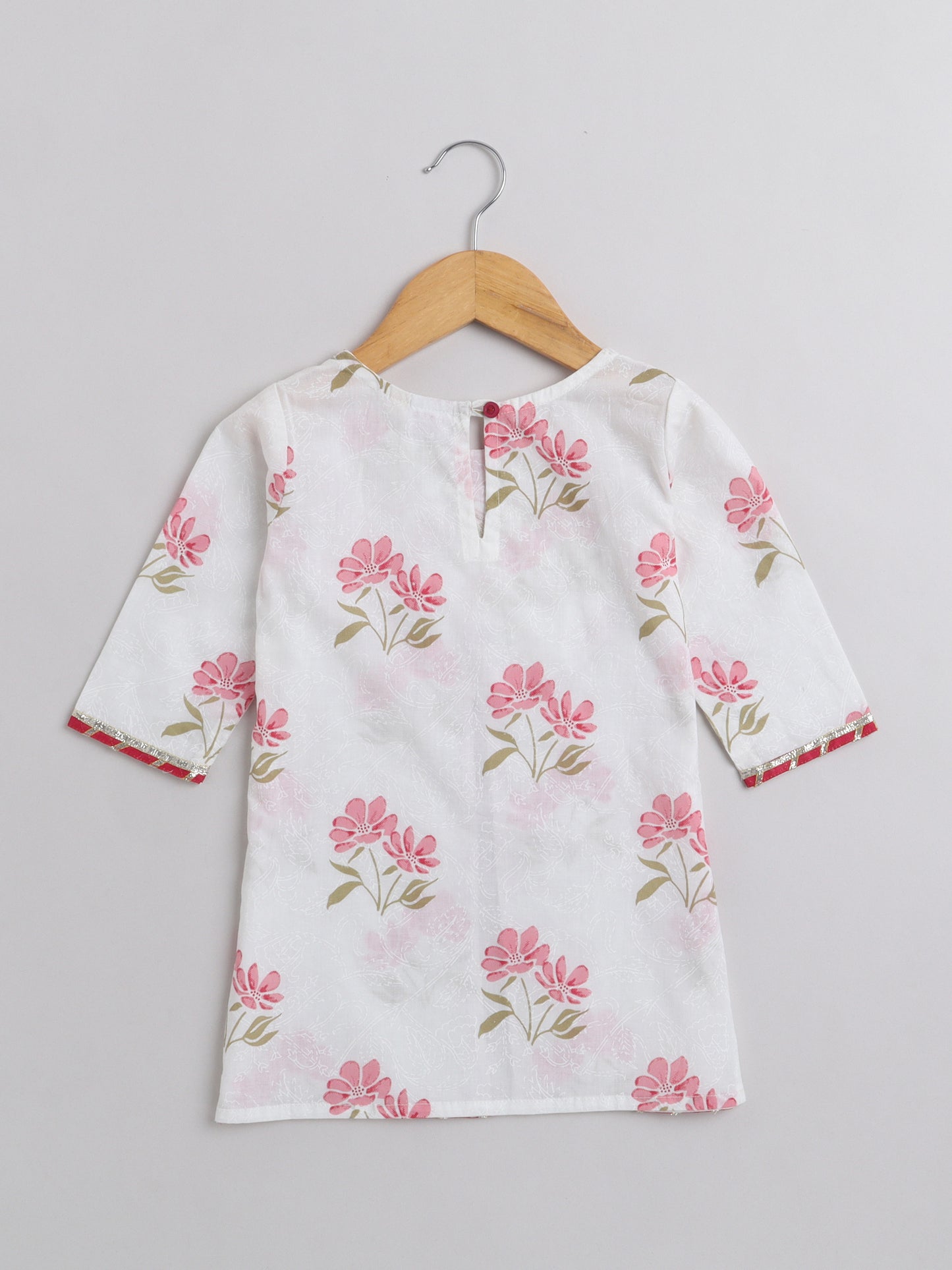 Floral Print Short Sleeves Gota Lace Detailing Kurta & Sharara Set With Dupatta For Girls-Pink