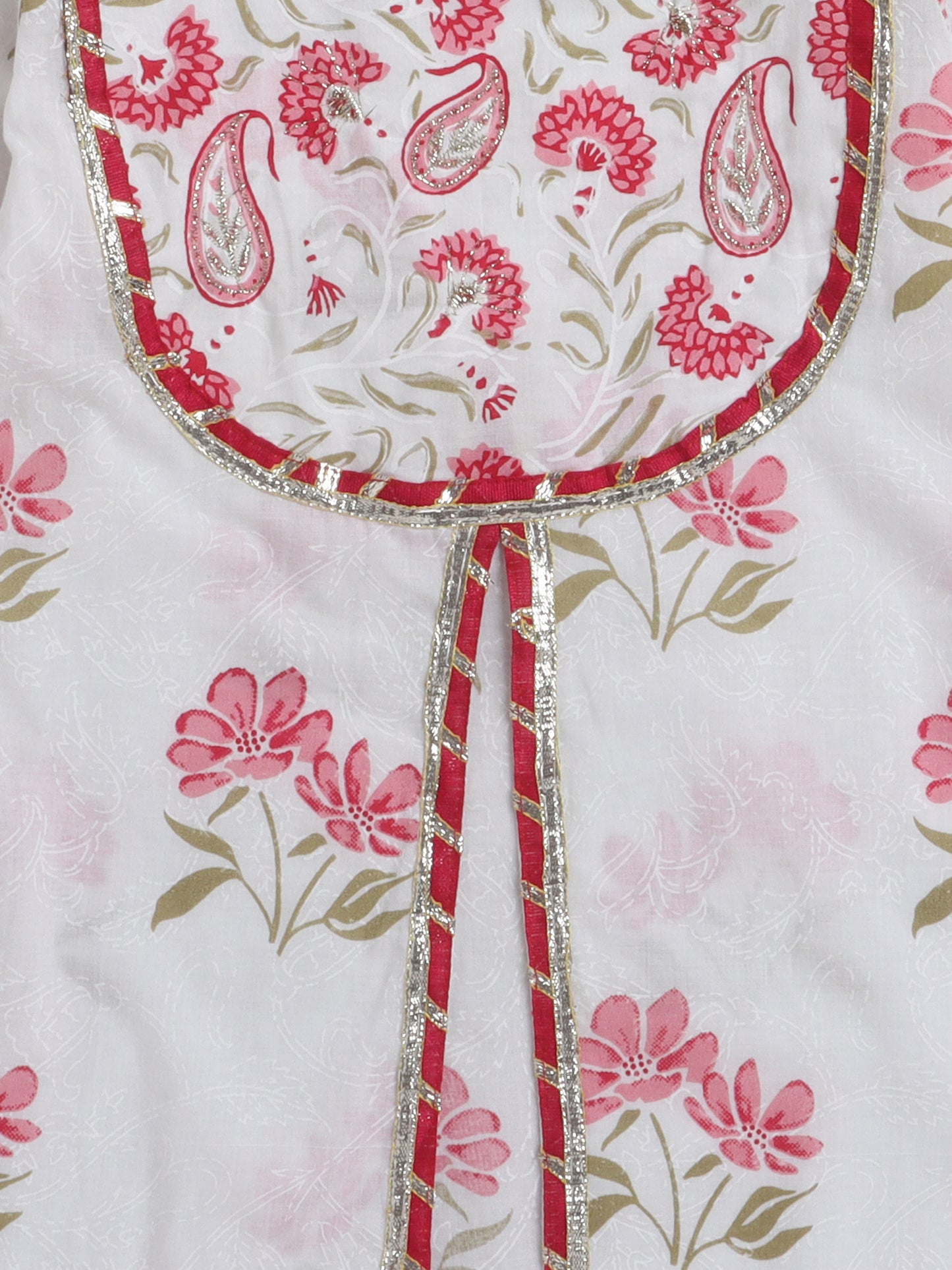 Floral Print Short Sleeves Gota Lace Detailing Kurta & Sharara Set With Dupatta For Girls-Pink