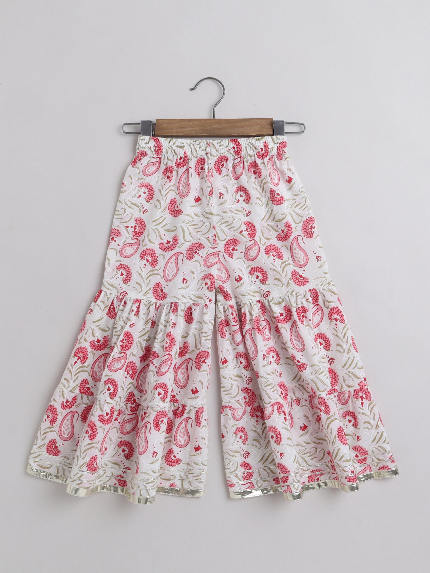 Floral Print Short Sleeves Gota Lace Detailing Kurta & Sharara Set With Dupatta For Girls-Pink