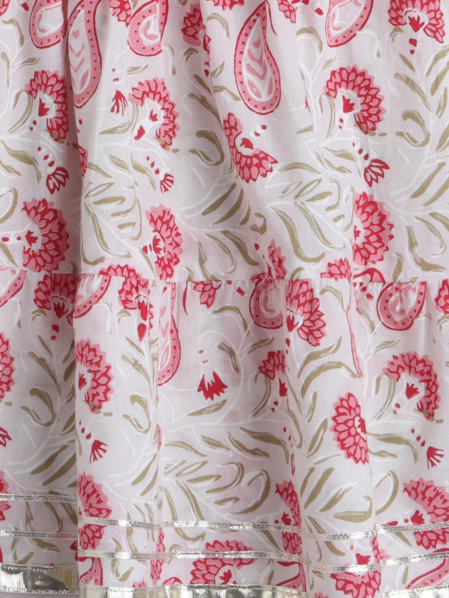 Floral Print Short Sleeves Gota Lace Detailing Kurta & Sharara Set With Dupatta For Girls-Pink