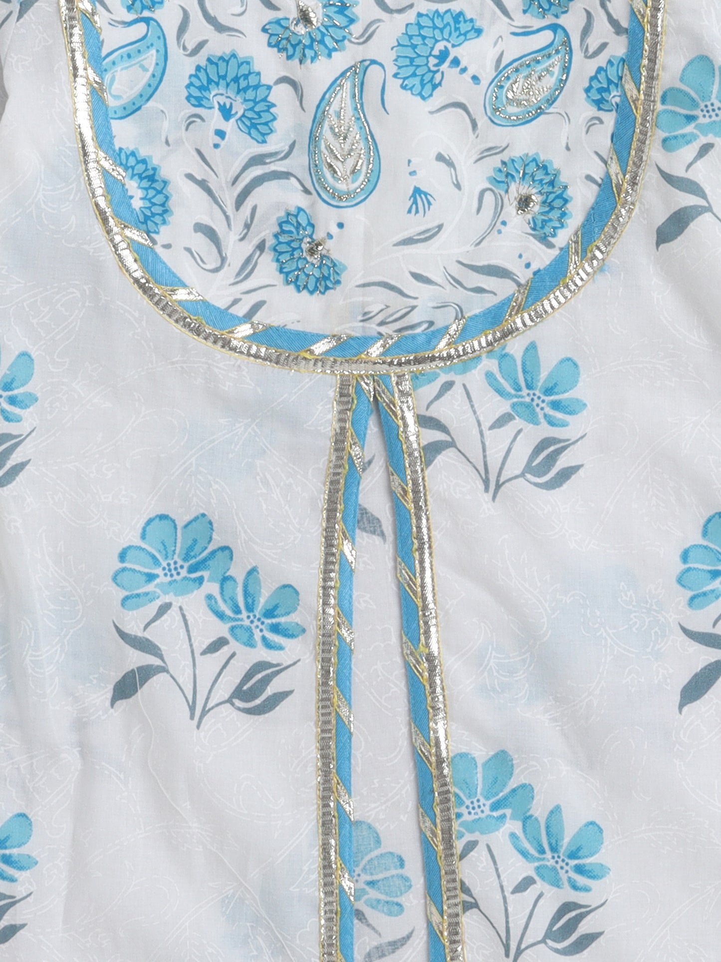 Floral Print Short Sleeves Gota Lace Detailing Kurta & Sharara Set With Dupatta For Girls-Blue
