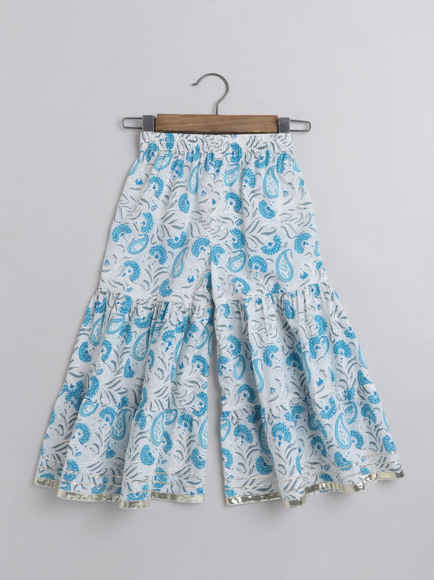 Floral Print Short Sleeves Gota Lace Detailing Kurta & Sharara Set With Dupatta For Girls-Blue