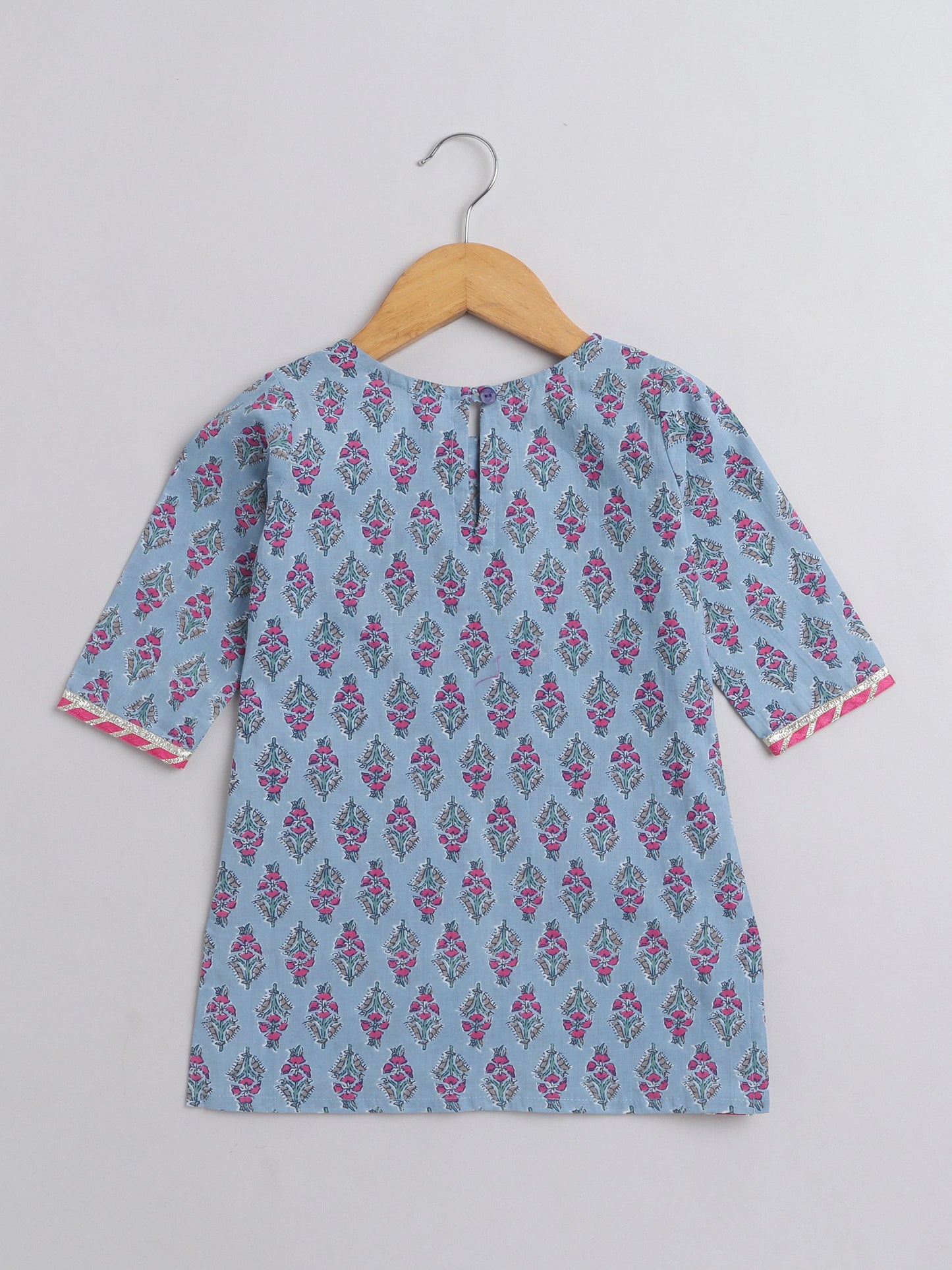 Half Sleeves Striped Pattern Leaf Vine And Floral Printed Gota Laced Embellished Kurta & Sharara Set With Dupatta - Blue
