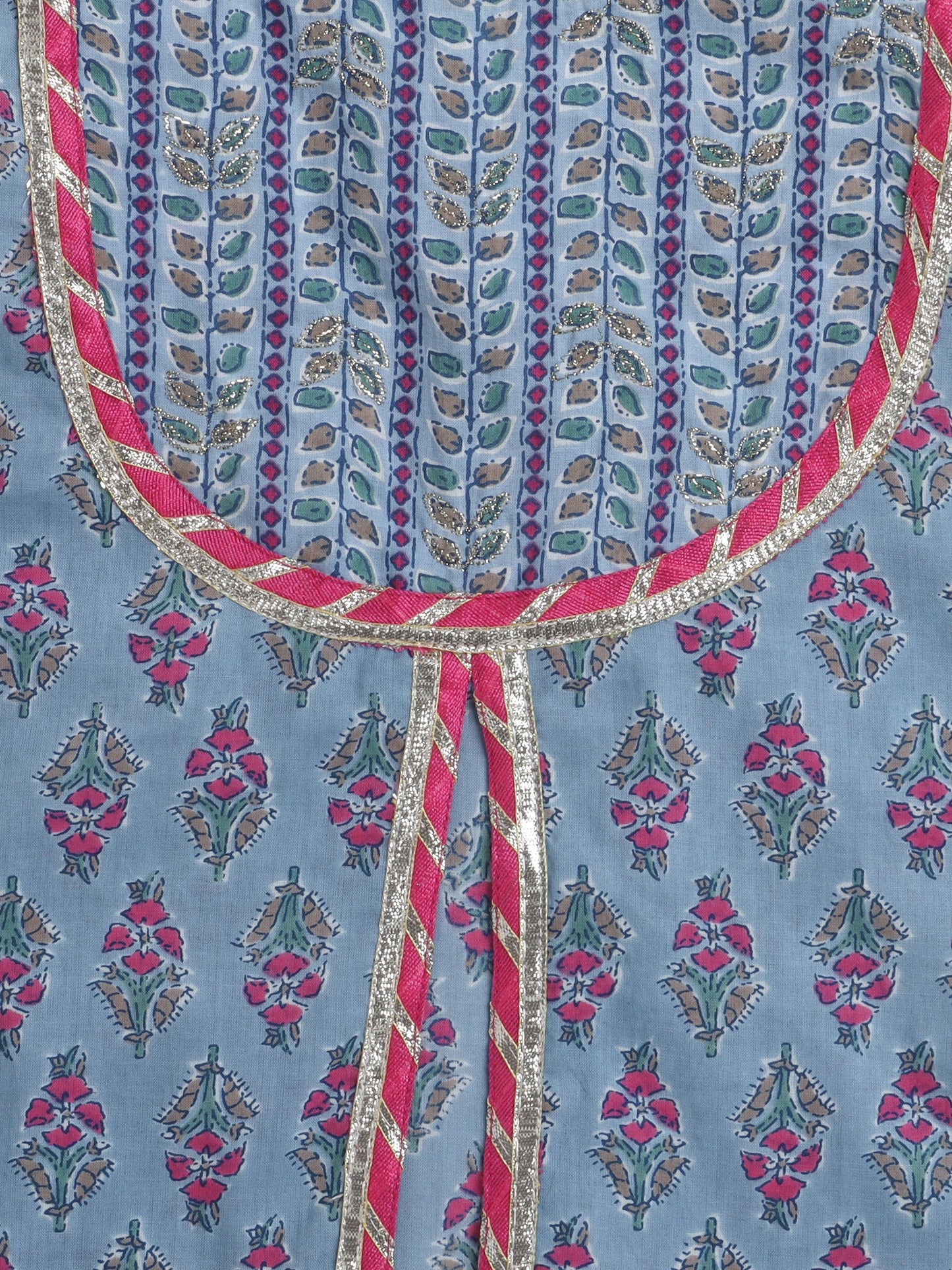 Half Sleeves Striped Pattern Leaf Vine And Floral Printed Gota Laced Embellished Kurta & Sharara Set With Dupatta - Blue