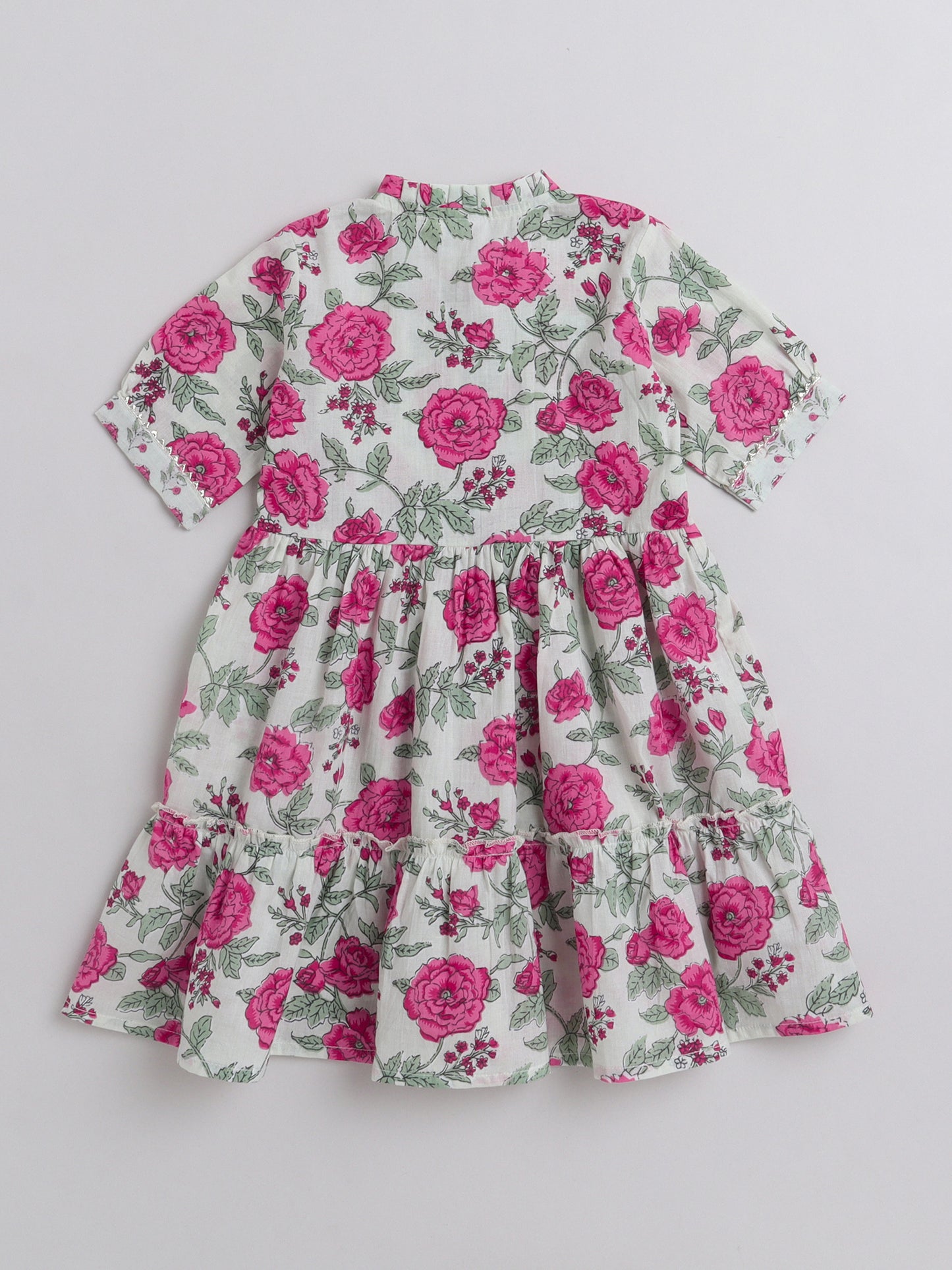 All Over Printed Short Sleeves Gathered Top With Afhgani Pants For Girls-Pink