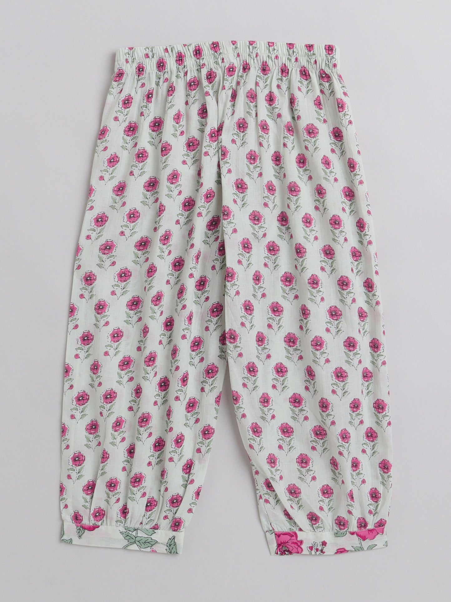 All Over Printed Short Sleeves Gathered Top With Afhgani Pants For Girls-Pink