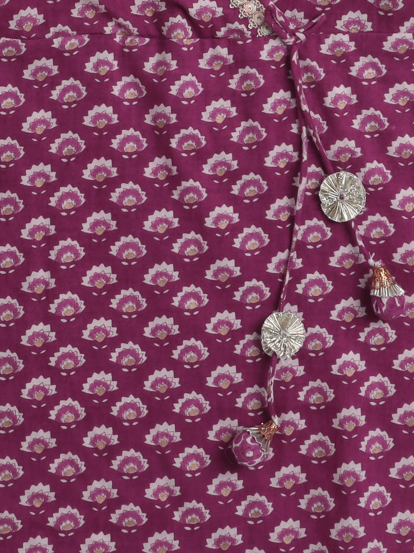 Half Sleeves Ethnic Floral Motif Printed & Gota Lace Embellished Kurta With Harem Pant Set - Magenta Pink