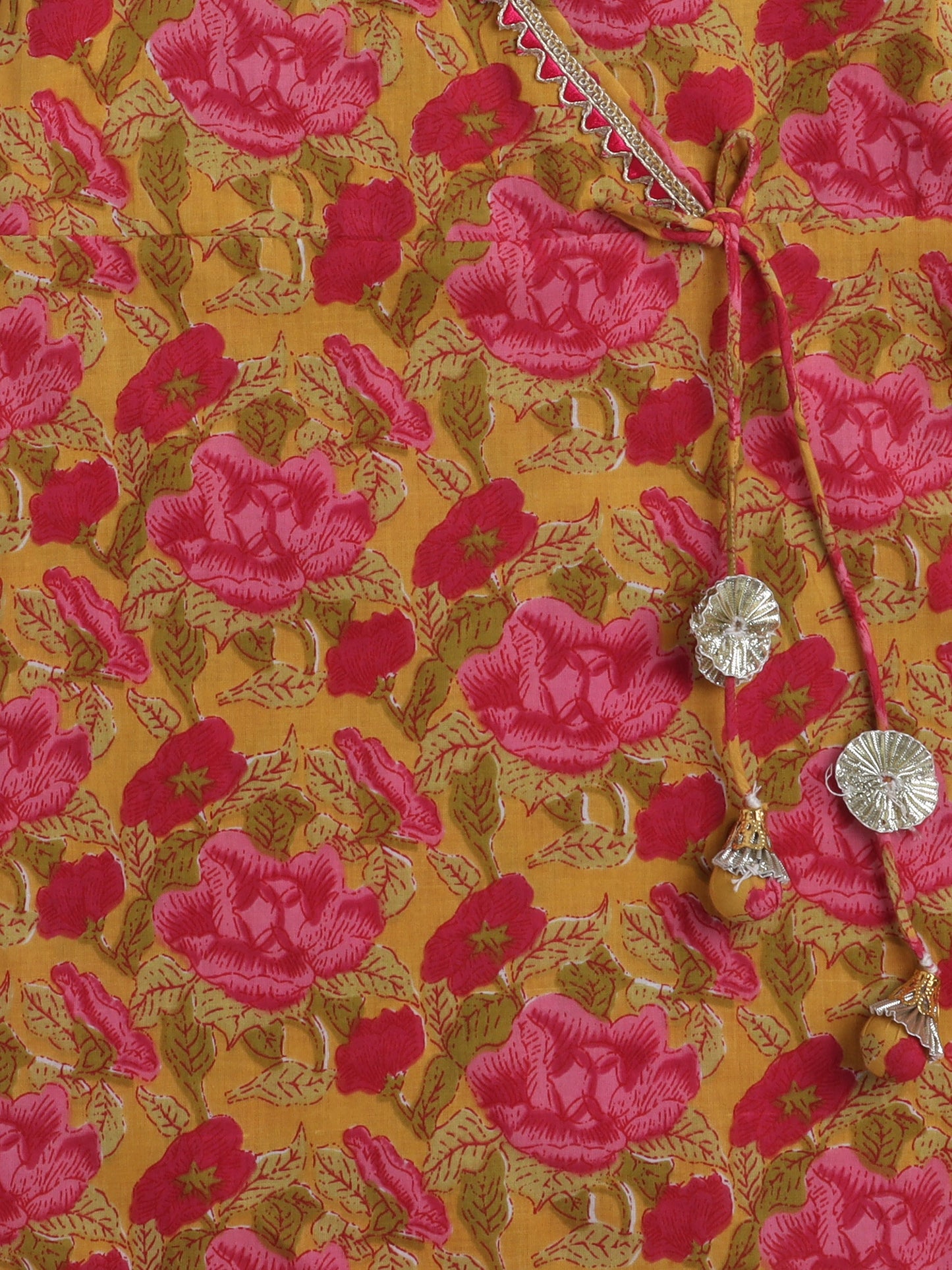 Half Sleeves Floral Motif Printed & Gota Lace Embellished Kurta With Harem Pant Set - Yellow