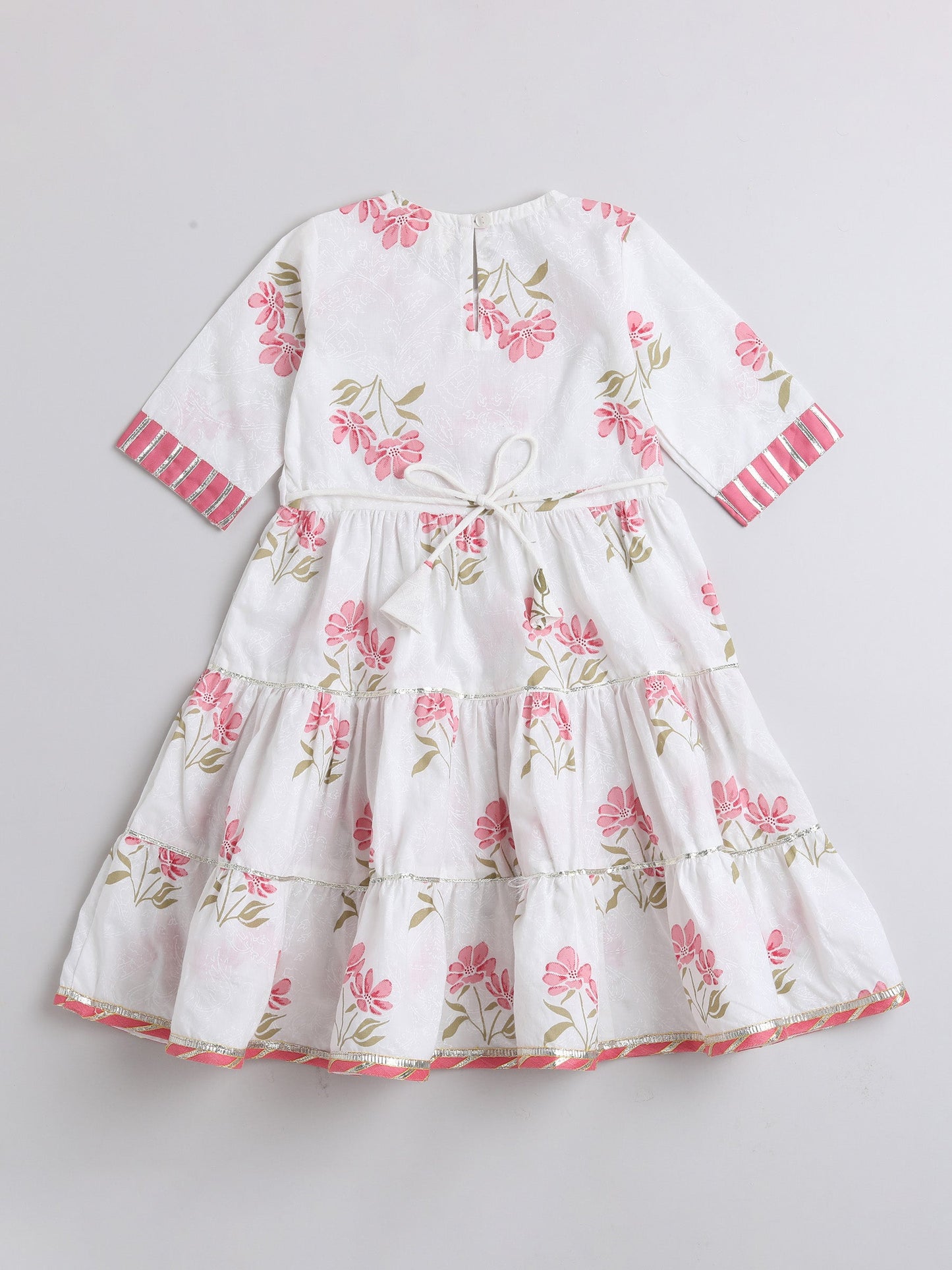 The Magic Wand Printed Elbow Sleeves Magji Lace & Tassle Detailing Tiered Gota Dress For Girls White