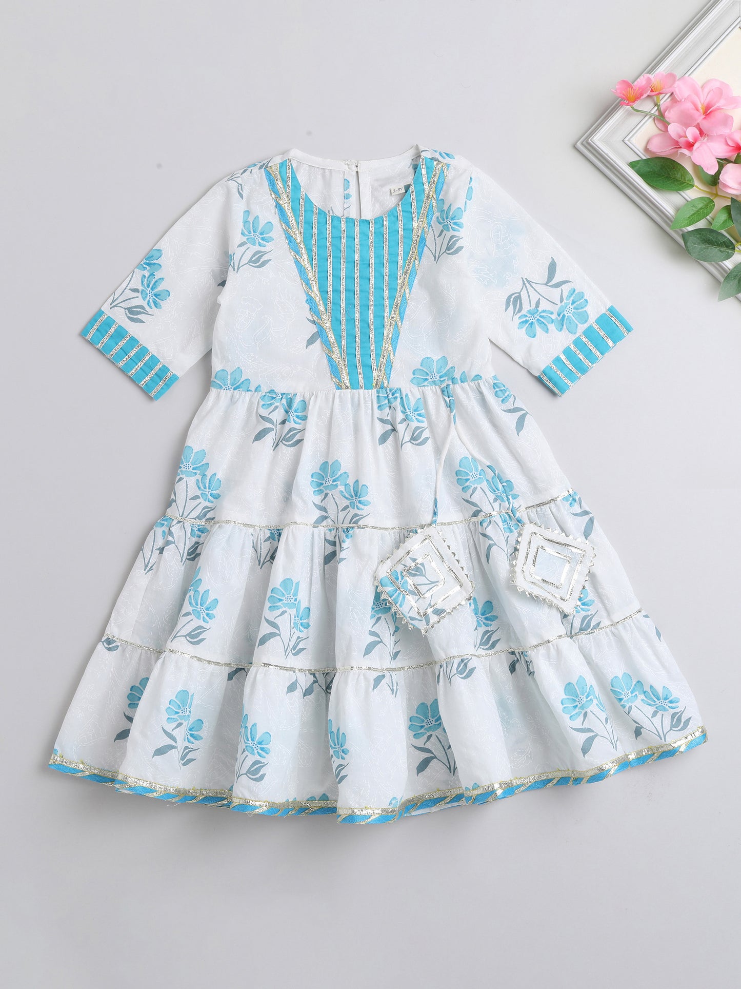 Printed Elbow Sleeves Magji Lace & Tassle Detailing Tiered Gota Dress For Girls-Blue