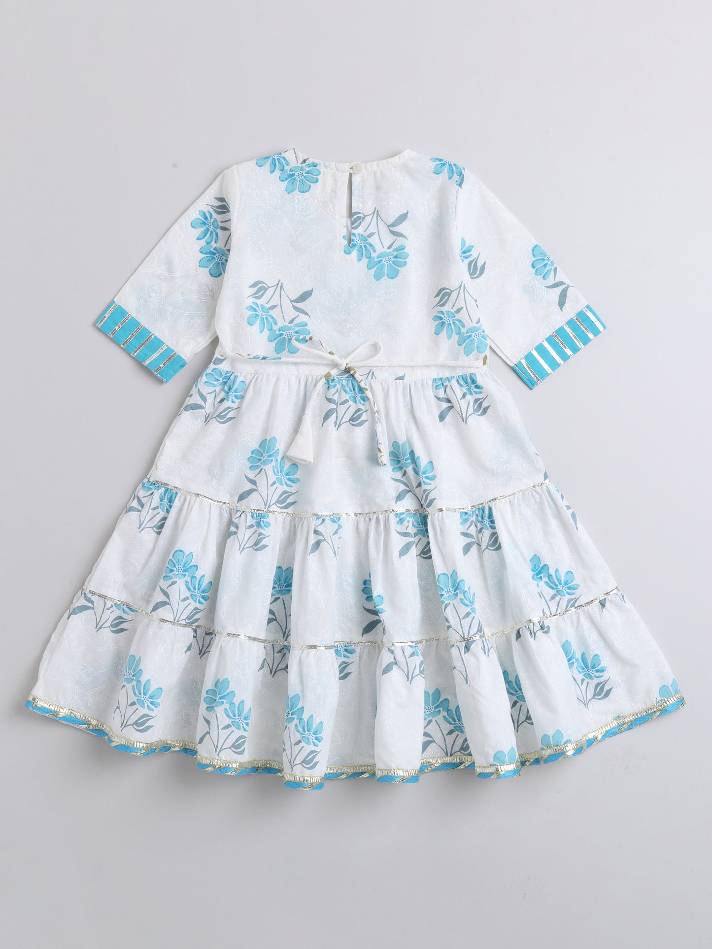 Printed Elbow Sleeves Magji Lace & Tassle Detailing Tiered Gota Dress For Girls-Blue