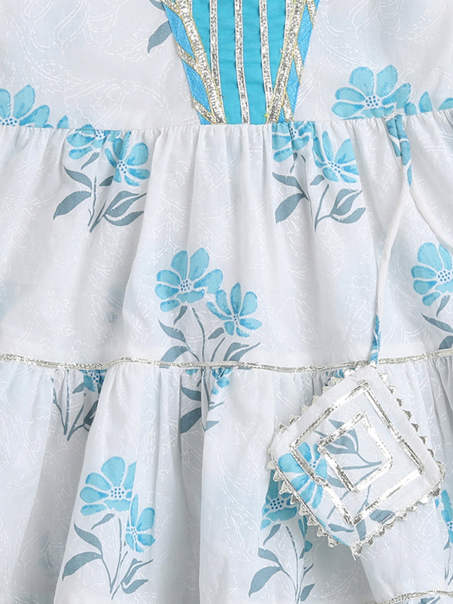 Printed Elbow Sleeves Magji Lace & Tassle Detailing Tiered Gota Dress For Girls-Blue