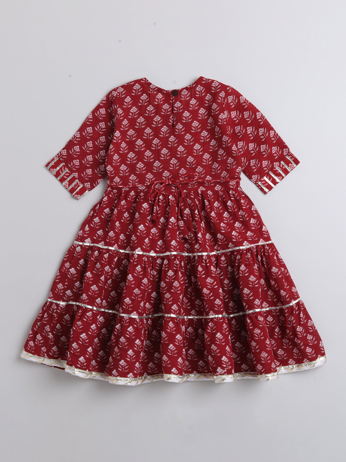 Printed Elbow Sleeves Magji Lace & Tassle Detailing Tiered Gota Dress For Girls-Maroon