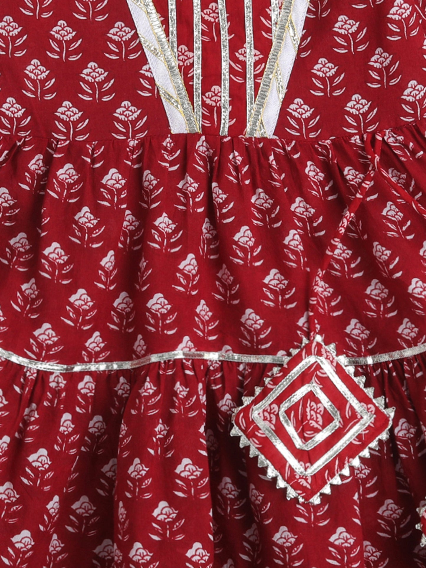 Printed Elbow Sleeves Magji Lace & Tassle Detailing Tiered Gota Dress For Girls-Maroon