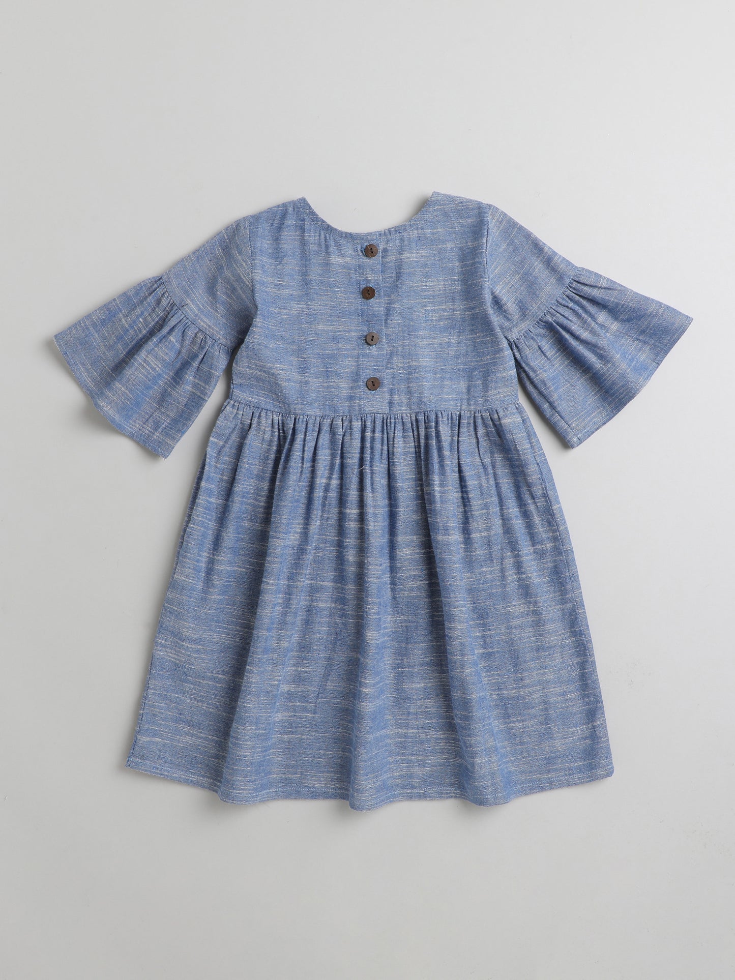 Solid Short Frill Sleeves Emboriered Bow Detailing Dress For Girls-Blue