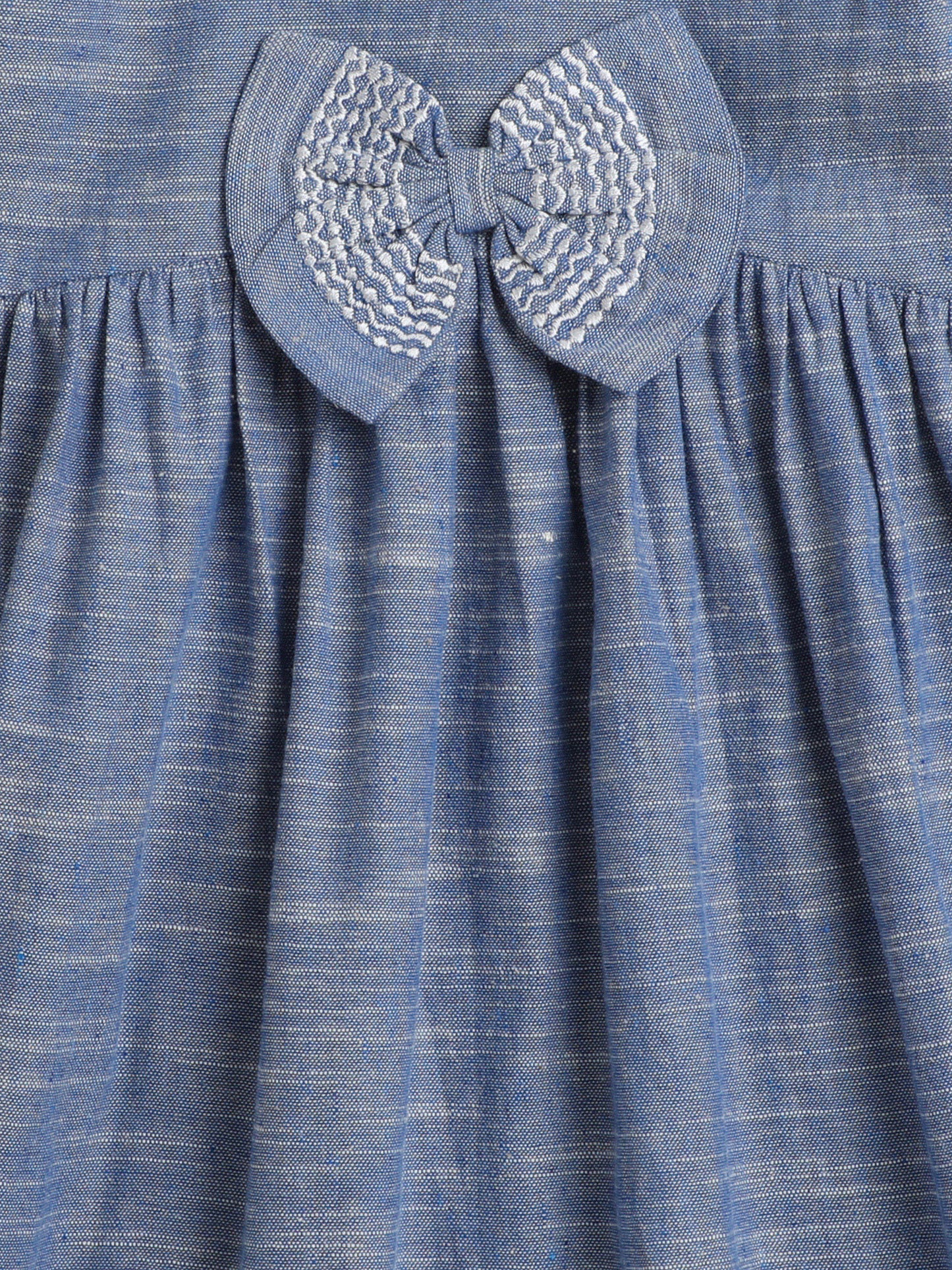 Solid Short Frill Sleeves Emboriered Bow Detailing Dress For Girls-Blue