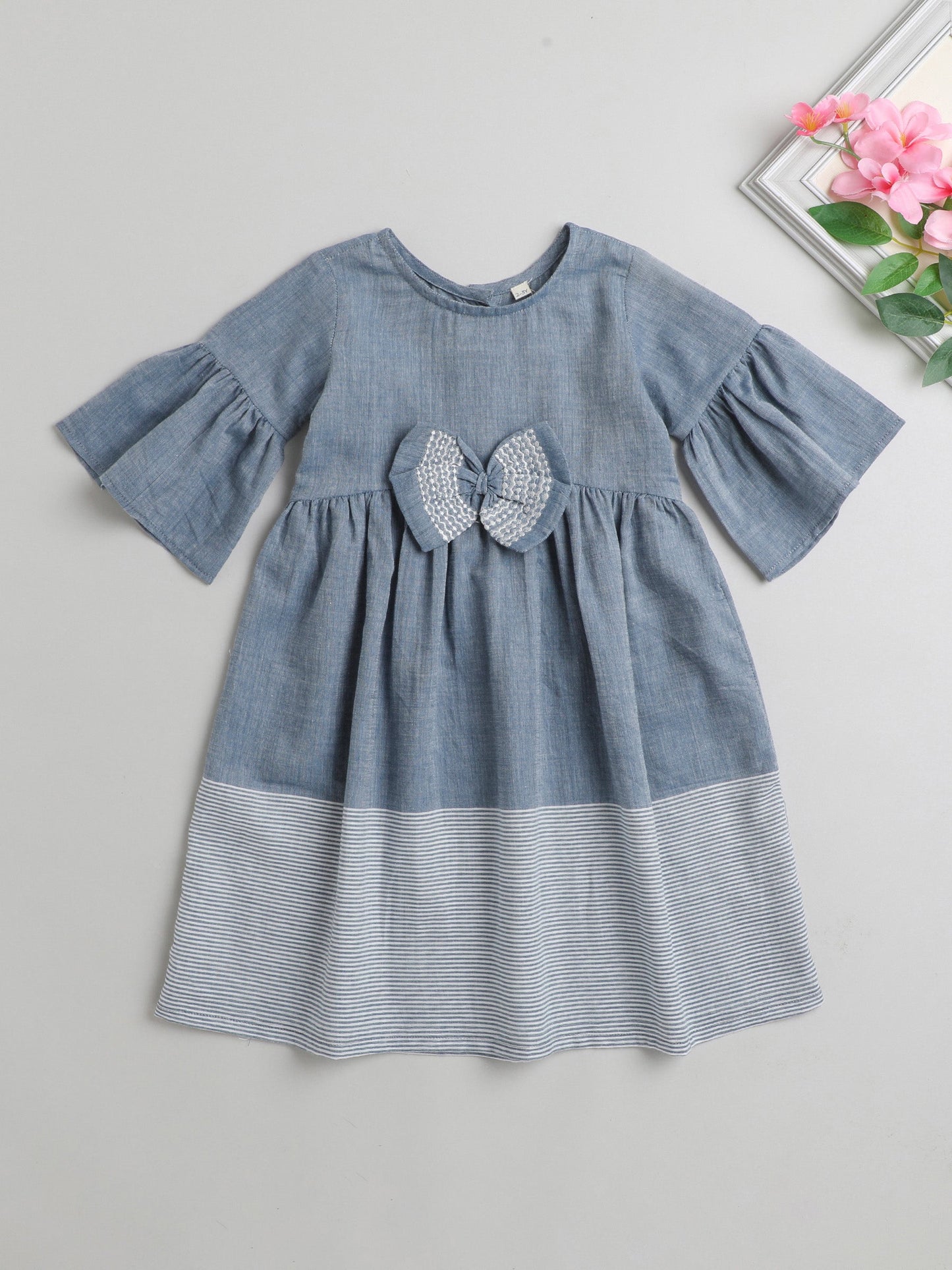 Half Bell Sleeves Bow Embellished & Placement Hairline Striped Fit & Flare Dress - Blue