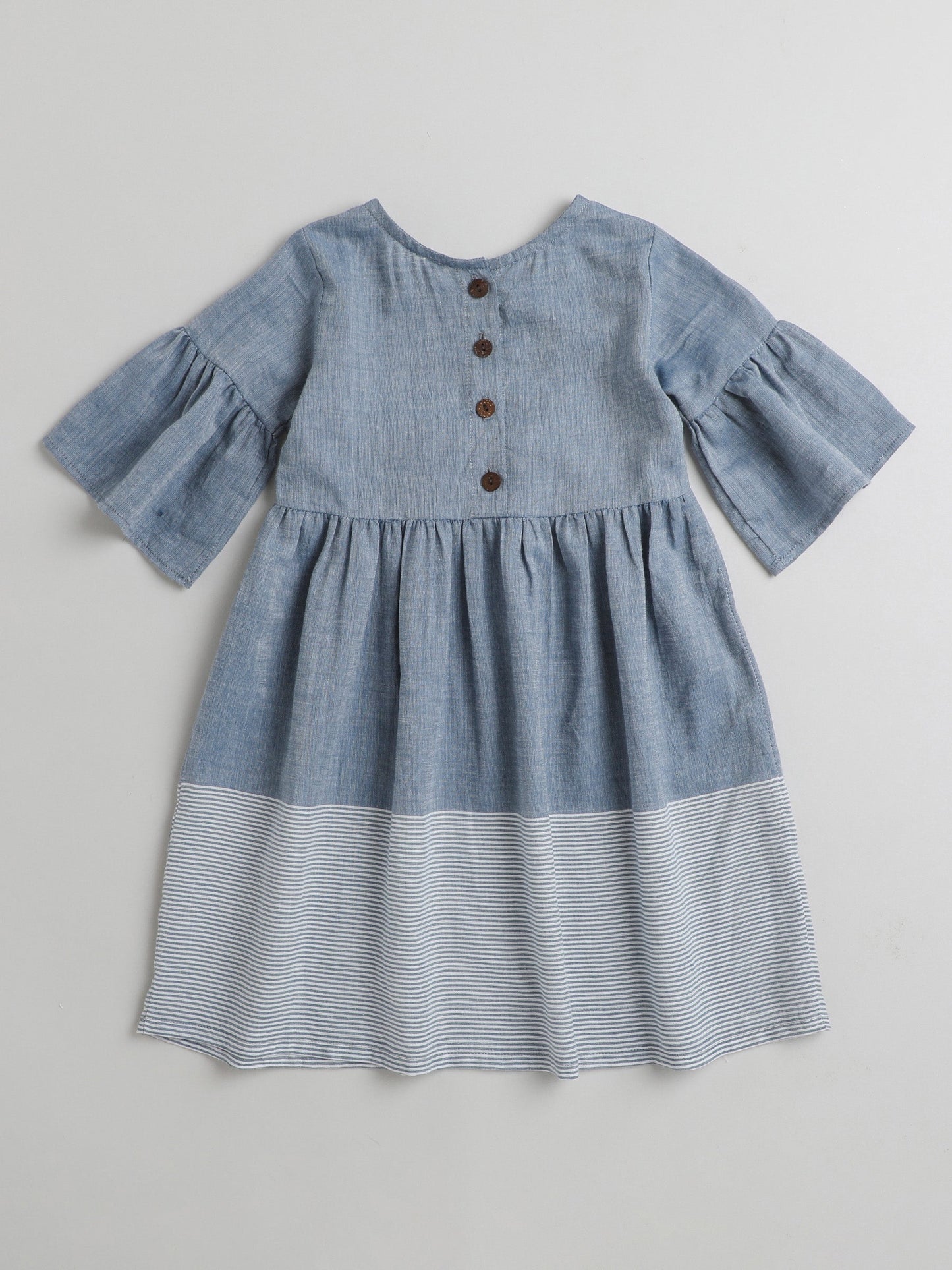 Half Bell Sleeves Bow Embellished & Placement Hairline Striped Fit & Flare Dress - Blue