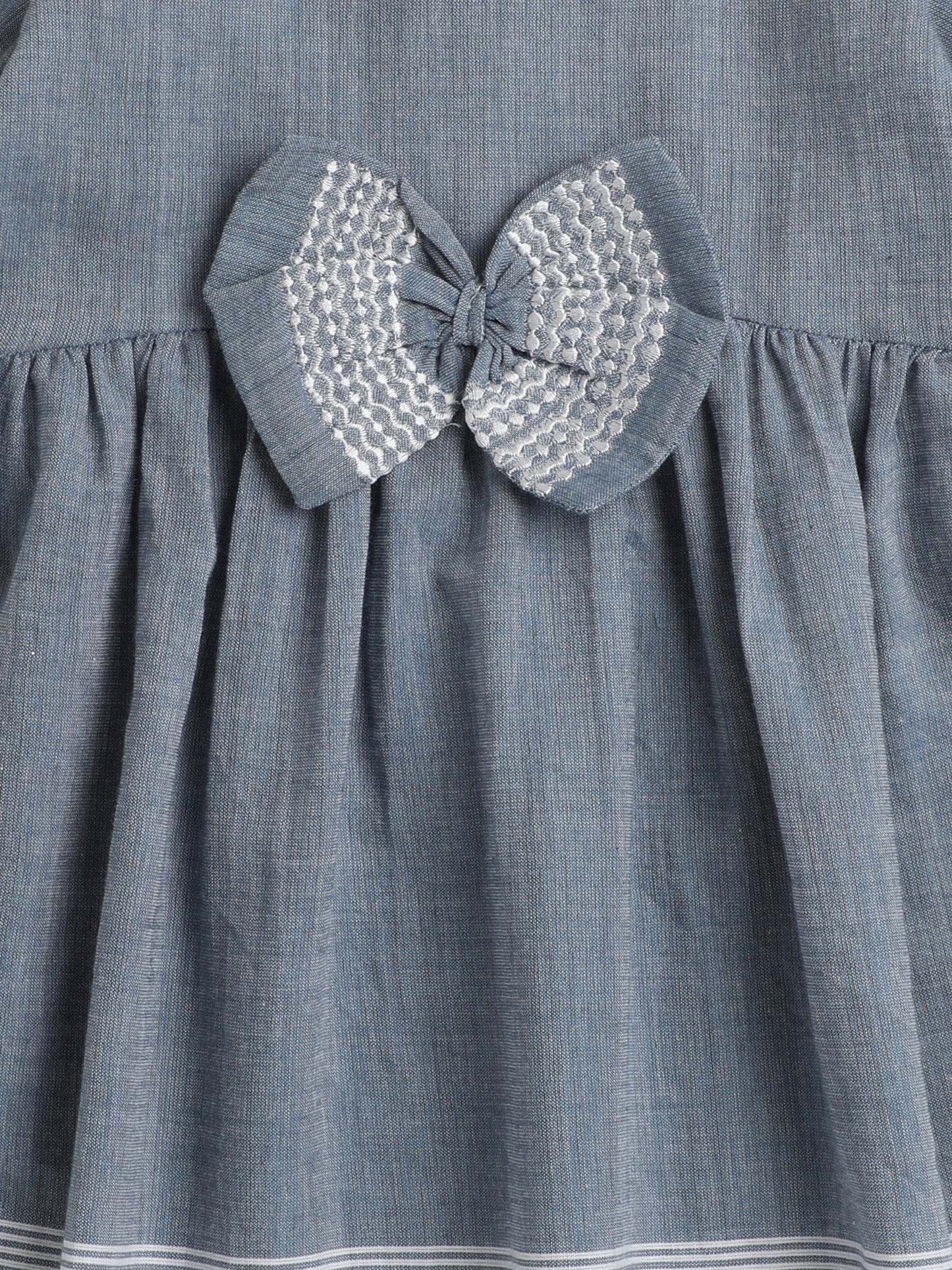Half Bell Sleeves Bow Embellished & Placement Hairline Striped Fit & Flare Dress - Blue