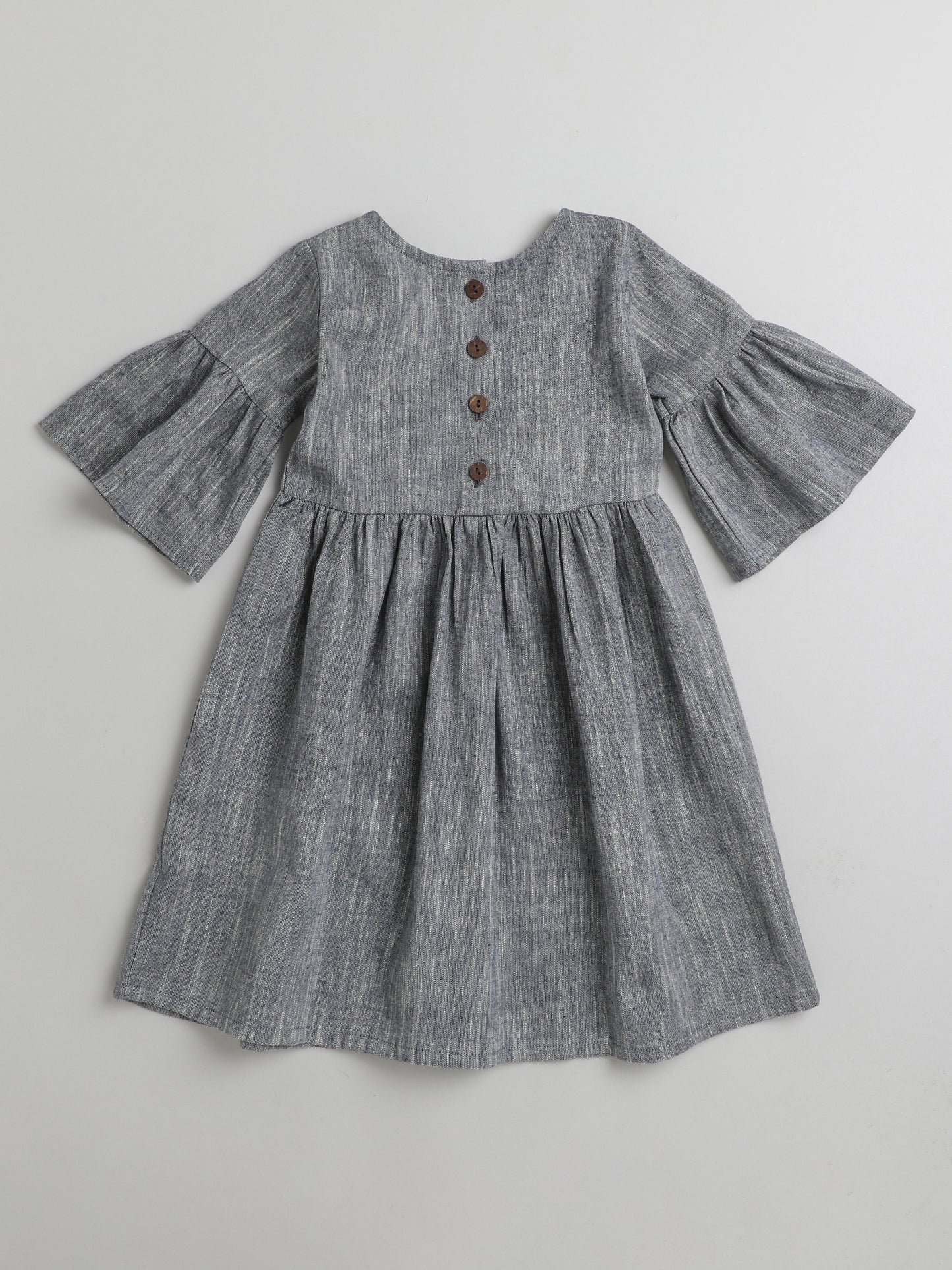 Solid Short Frill Sleeves Emboriered Bow Detailing Dress For Girls- Grey