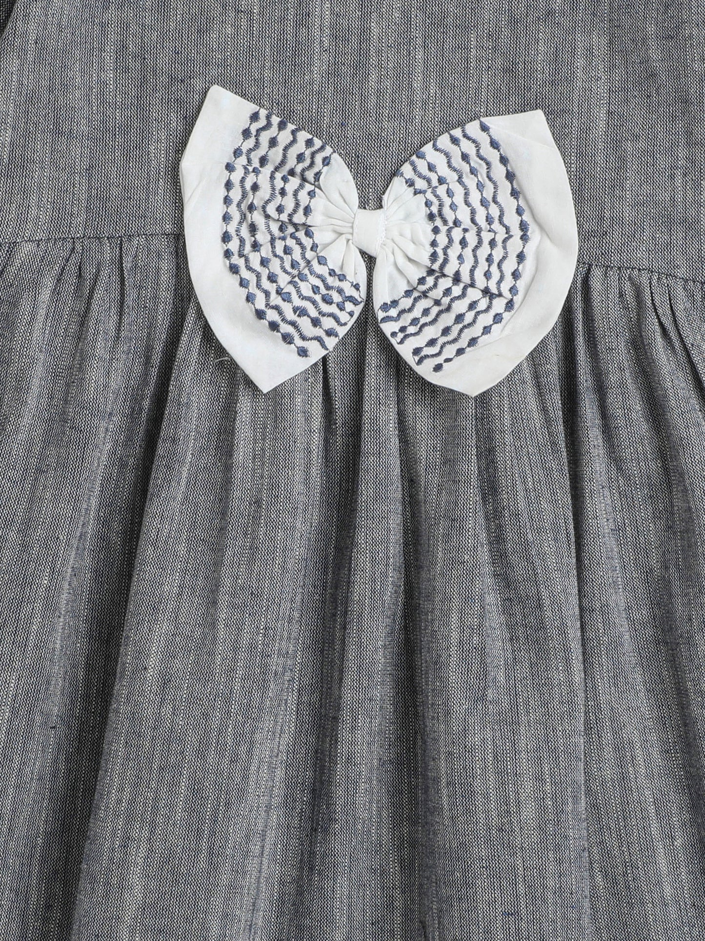 Solid Short Frill Sleeves Emboriered Bow Detailing Dress For Girls- Grey