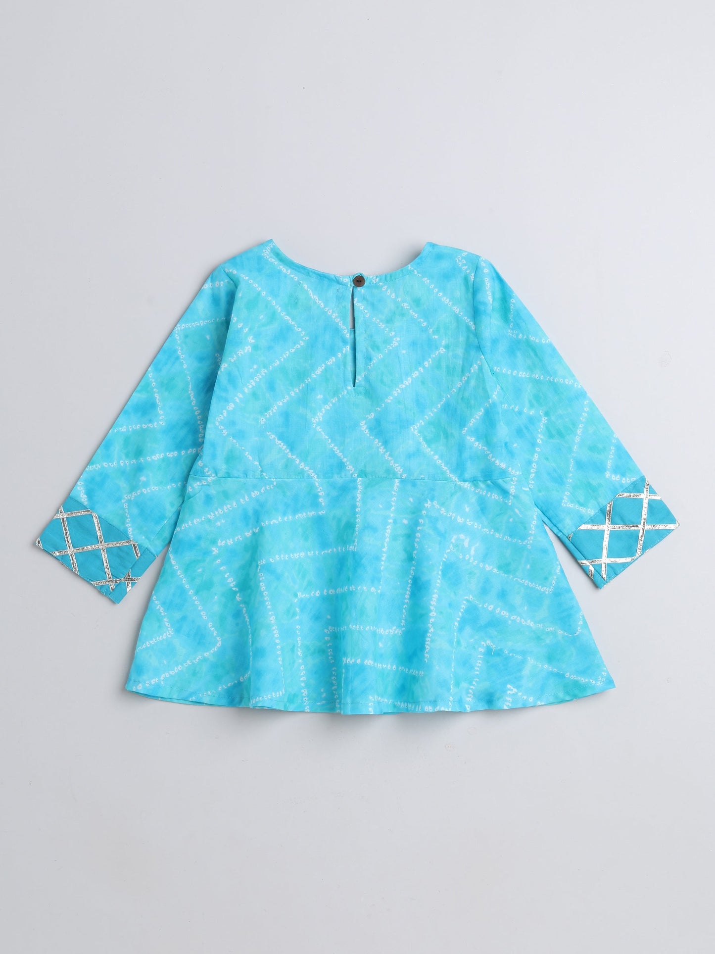 The Magic Wand Stripes Printed Full Sleeves Gota Lace Embelished Peplum Top with Afgani Pants For Girls Blue